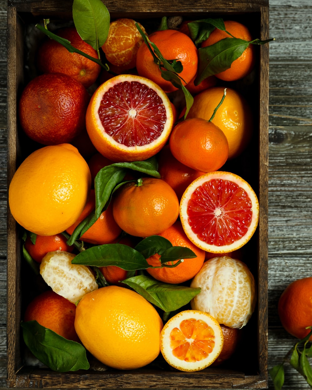 Citrus fruits placed on a wooden table