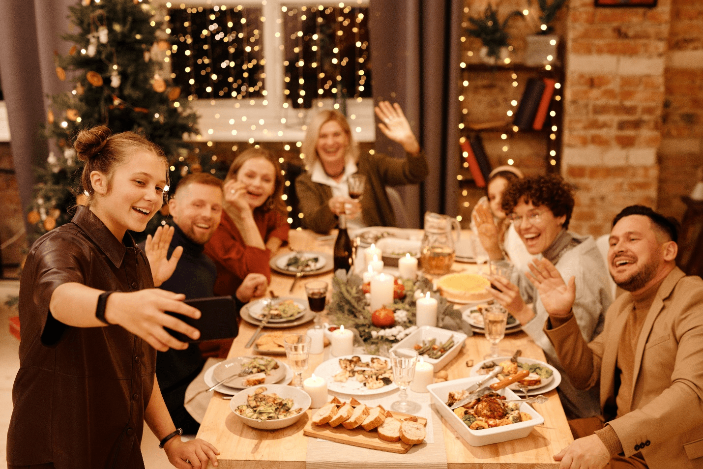 A group of friends enjoying a holiday feast