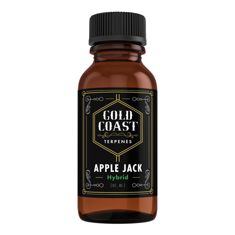 Apple Jack hybrid terpene strain profile in a brown bottle by Gold Cost Terpenes