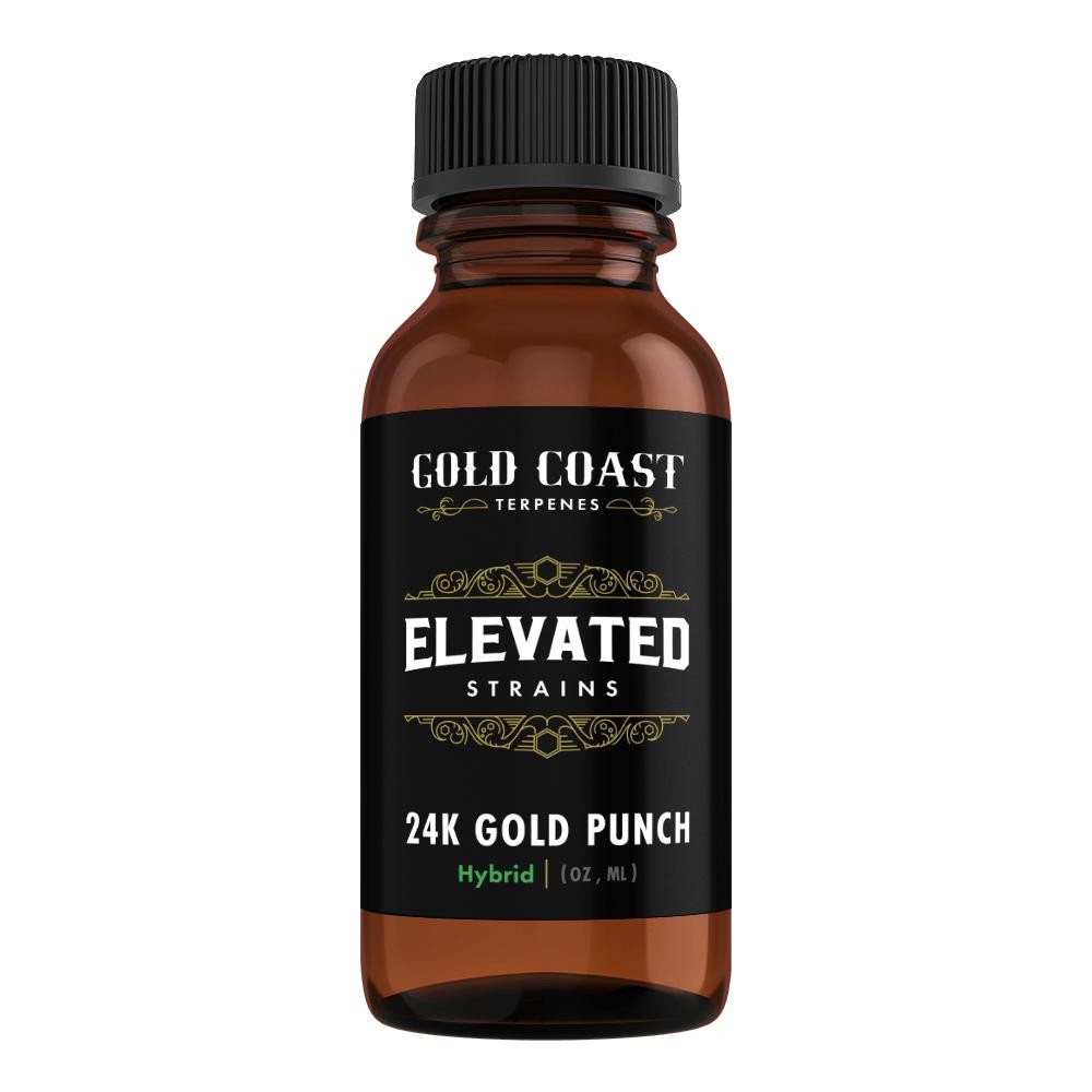 a bottle of Gold Coast Terpenes’ 24K Gold Punch elevated strain