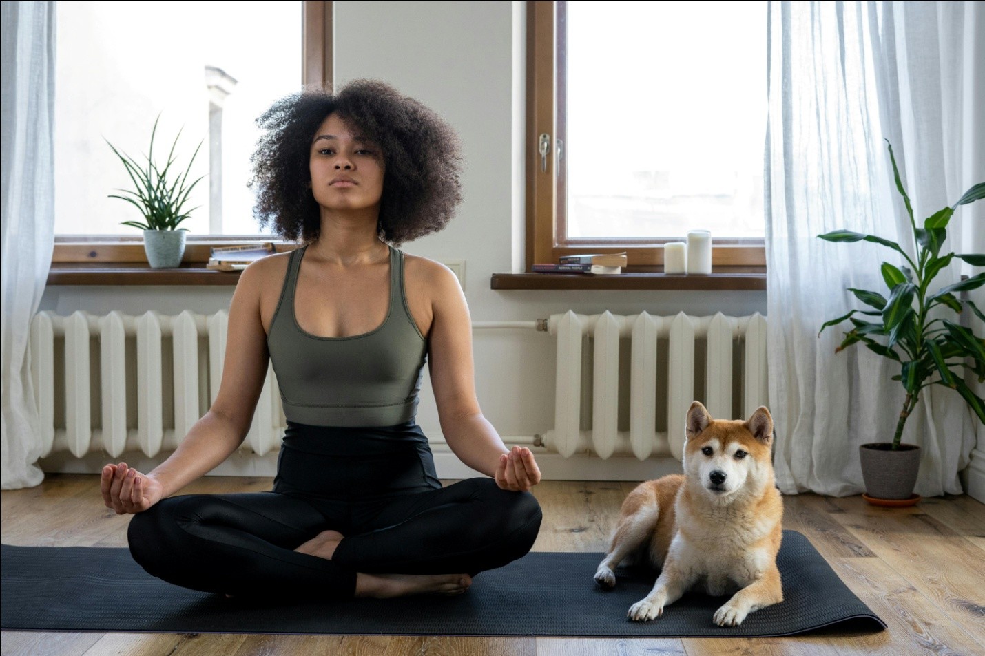 a woman and a dog on a yoga mat