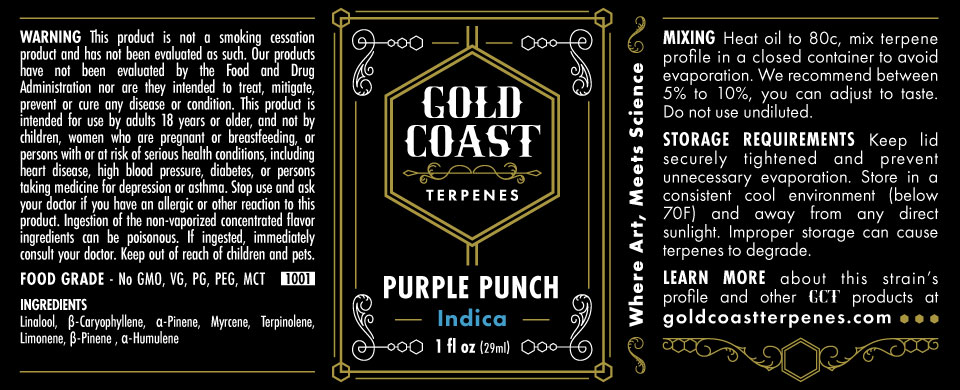 Bottle label of Purple Punch terpene strain profile with warning details, ingredients, mixing method, requirement, and more