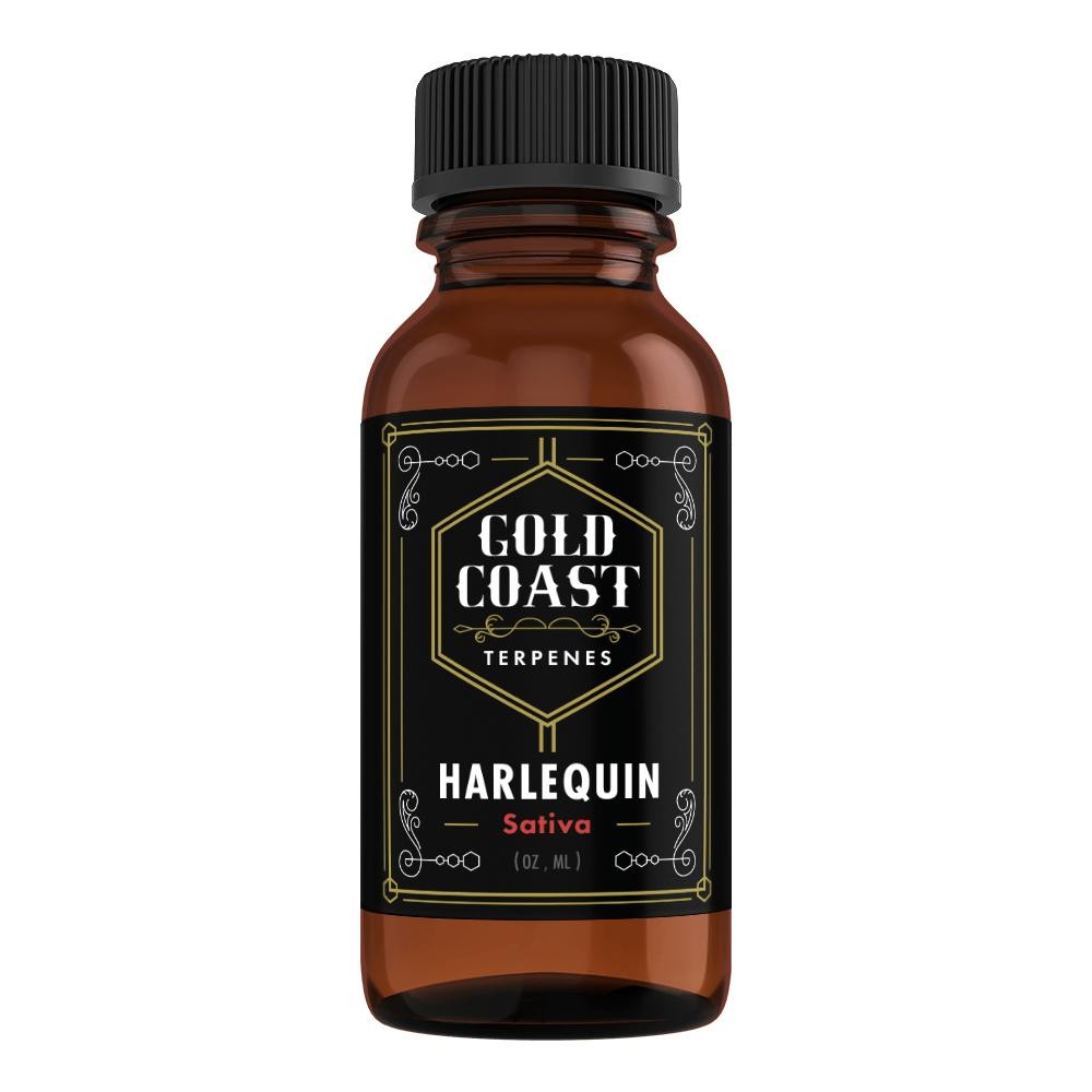 A photo of Harlequin terpene in a brown glass bottle 
