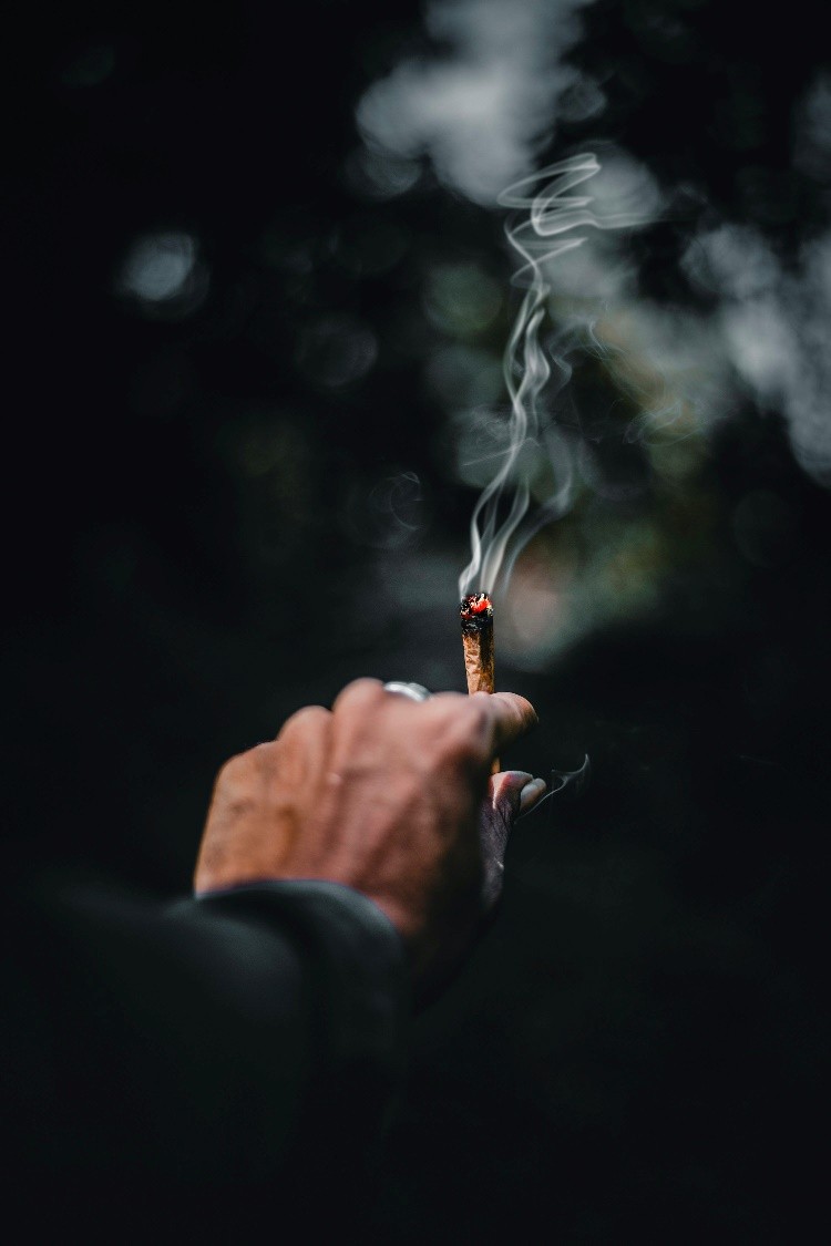 A closeup photo of a person holding a cannabis terpene joint with smoke from it