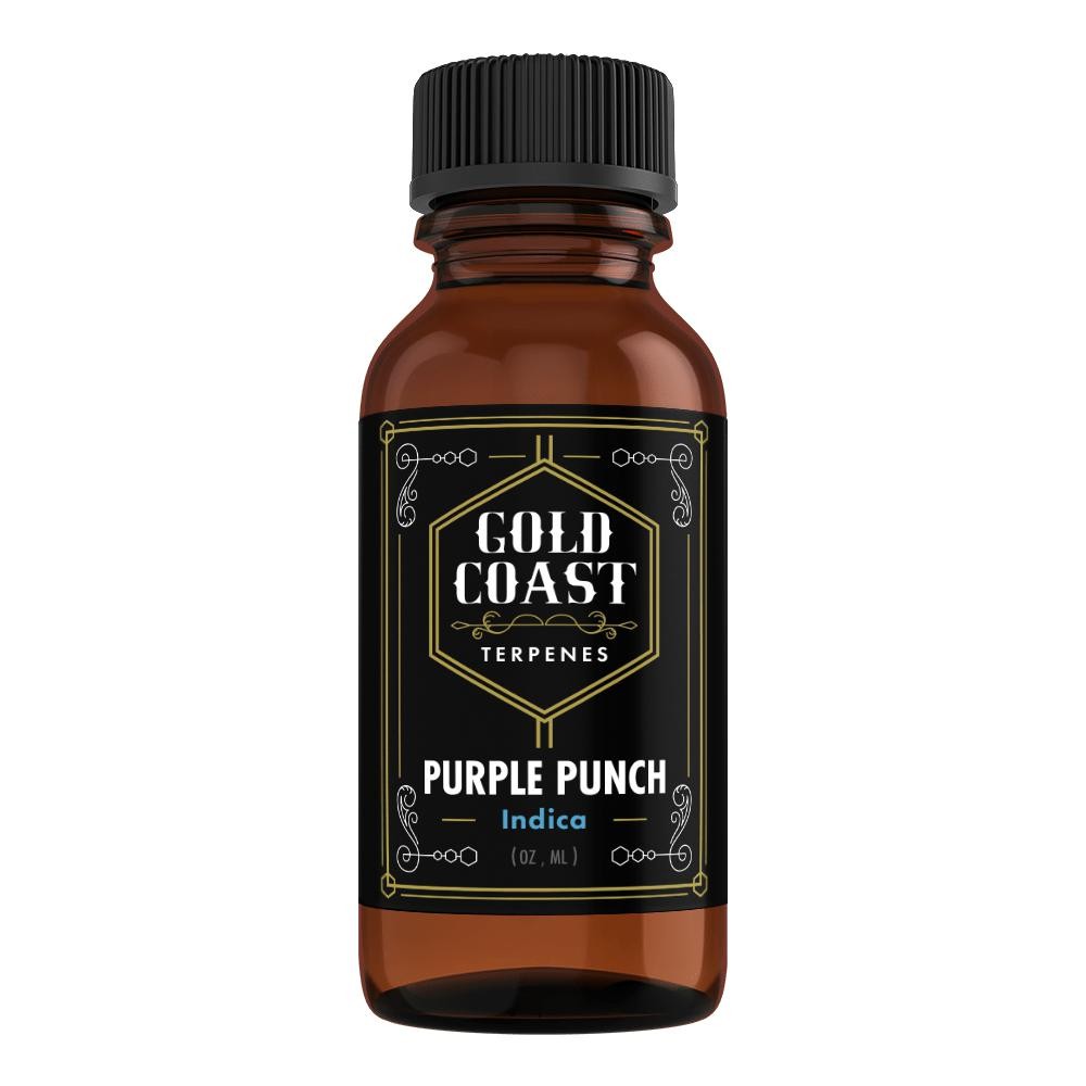 A bottle of Purple Punch (Indica) from Gold Coast Terpenes