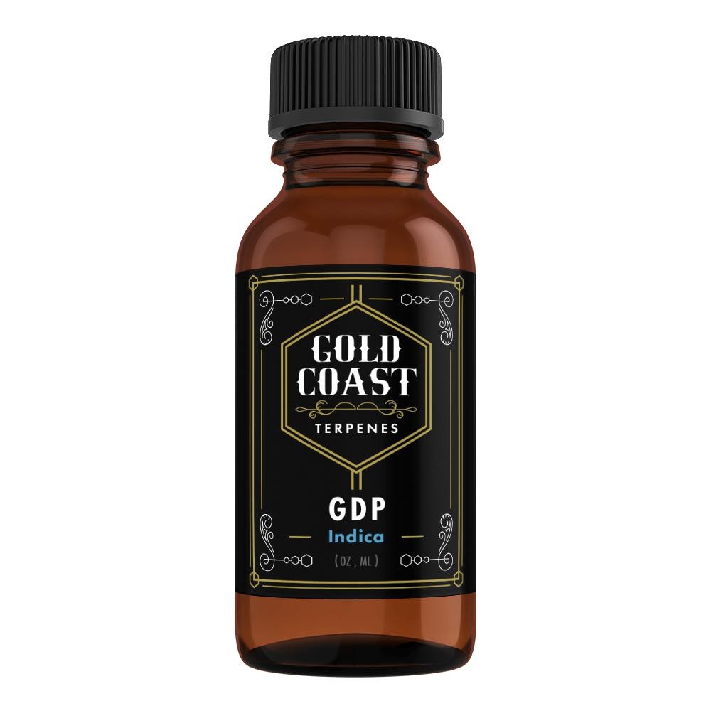 A picture showing a brown bottle with a black label with the word “GDP
 printed against a white background