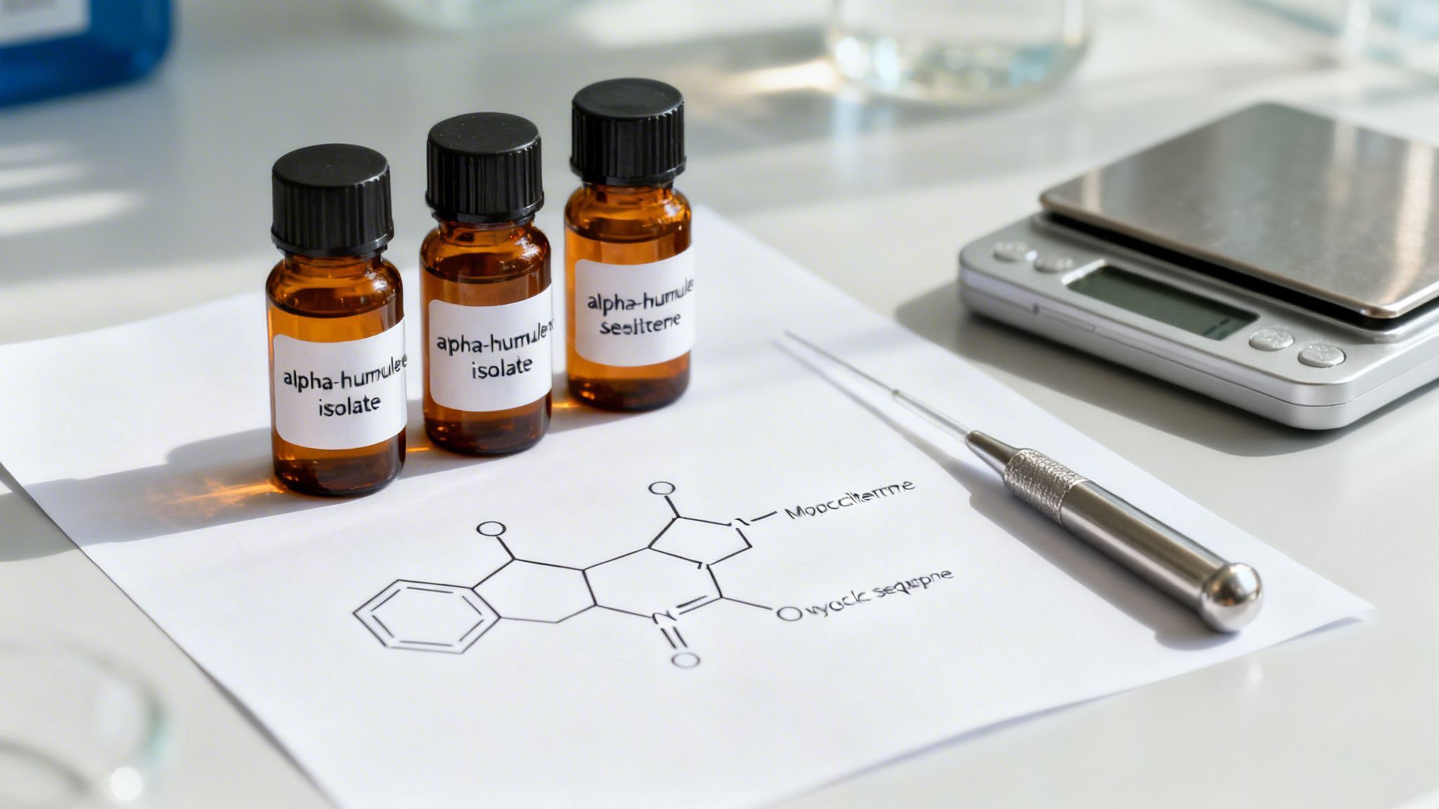 Three alpha-humulene isolate bottles, a chemical structure, and a lab scale on a white surface.
