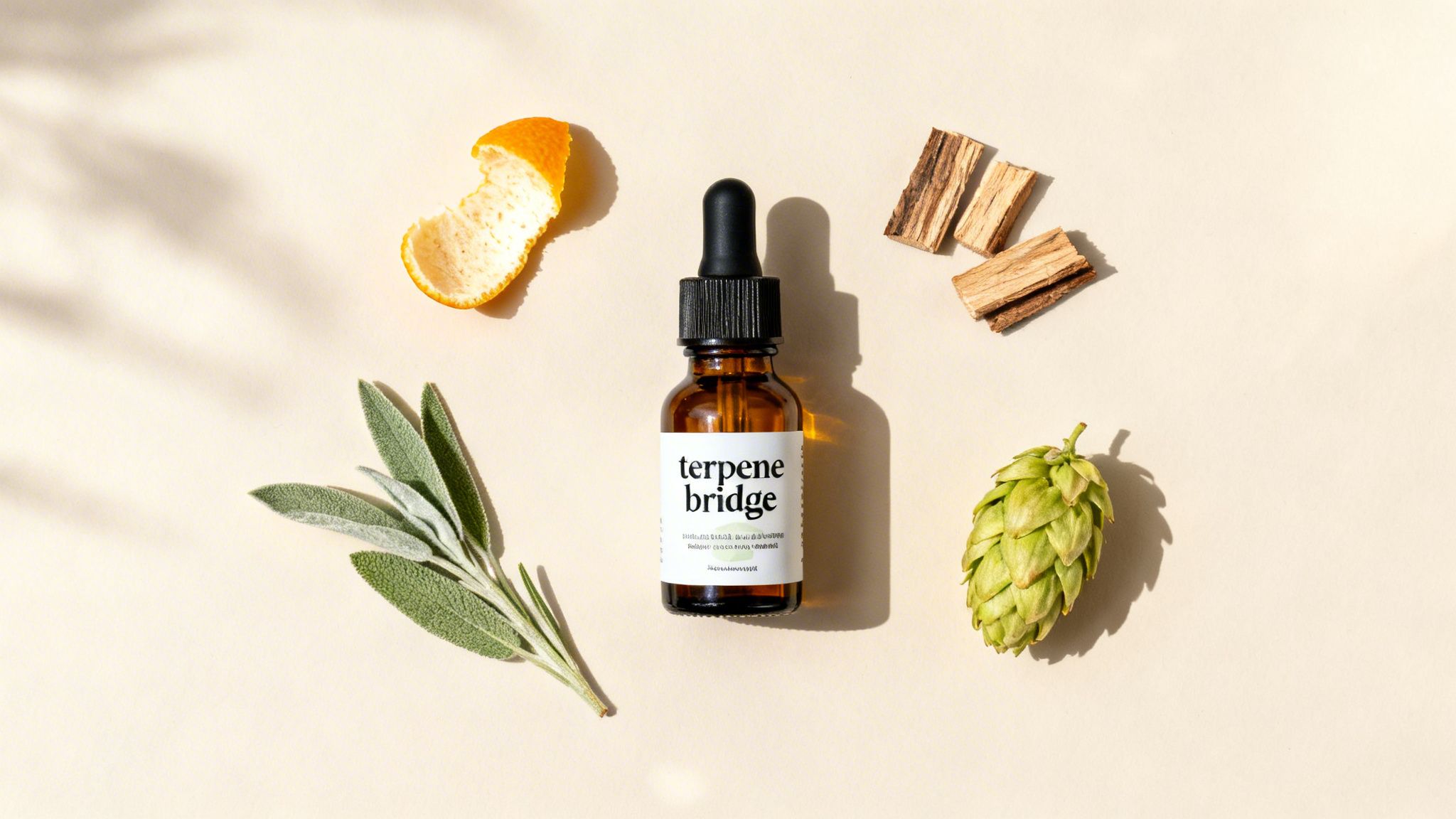 A dropper bottle of terpene oil surrounded by sage, hops, orange peel, and wood pieces.