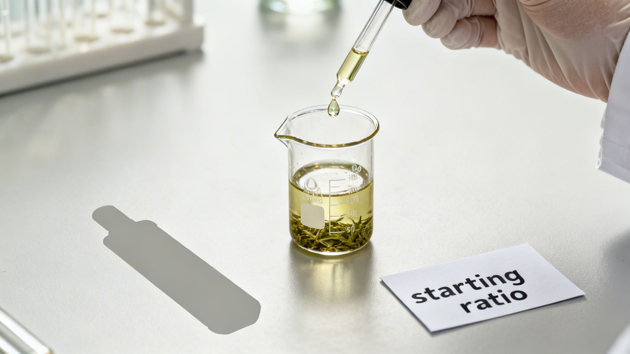 A gloved hand adds liquid from a dropper to a beaker with green leaves and yellow liquid, next to a 'starting ratio' card.