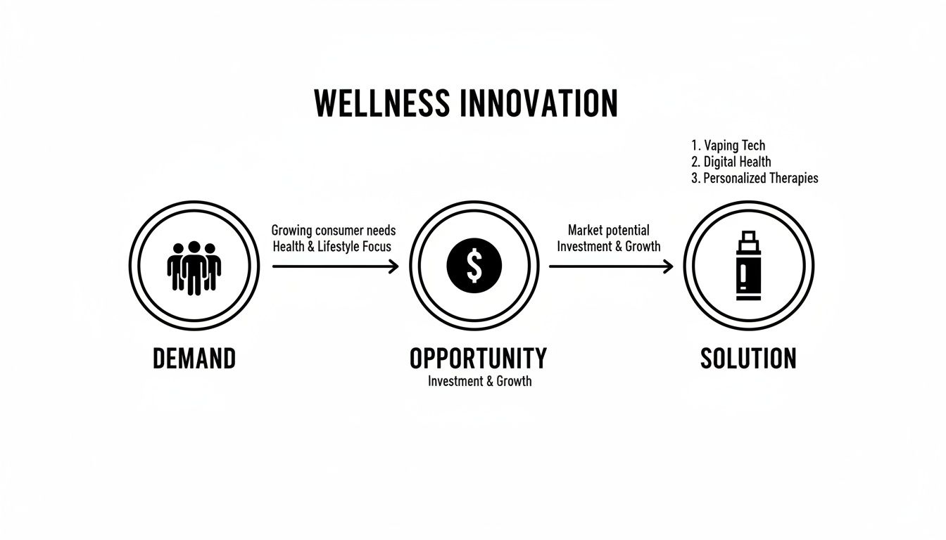 A diagram illustrating wellness innovation from demand to solution, highlighting investment opportunities in vaping tech and digital health.