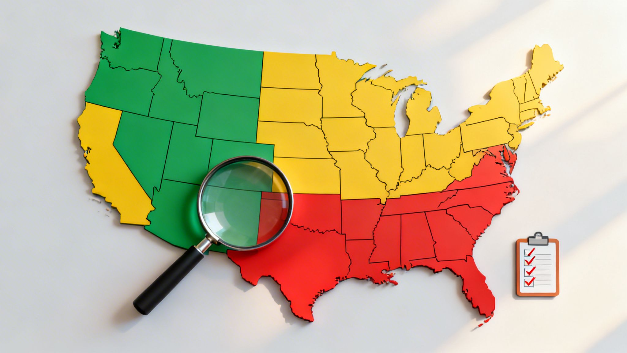 Map of the United States with regions color-coded green, yellow, and red, featuring a magnifying glass and checklist.