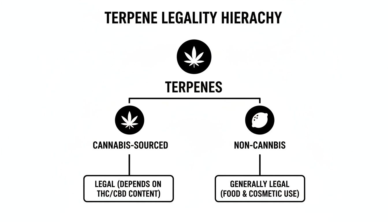 Terpene legality hierarchy chart showing cannabis-sourced and non-cannabis terpenes and their legal status.