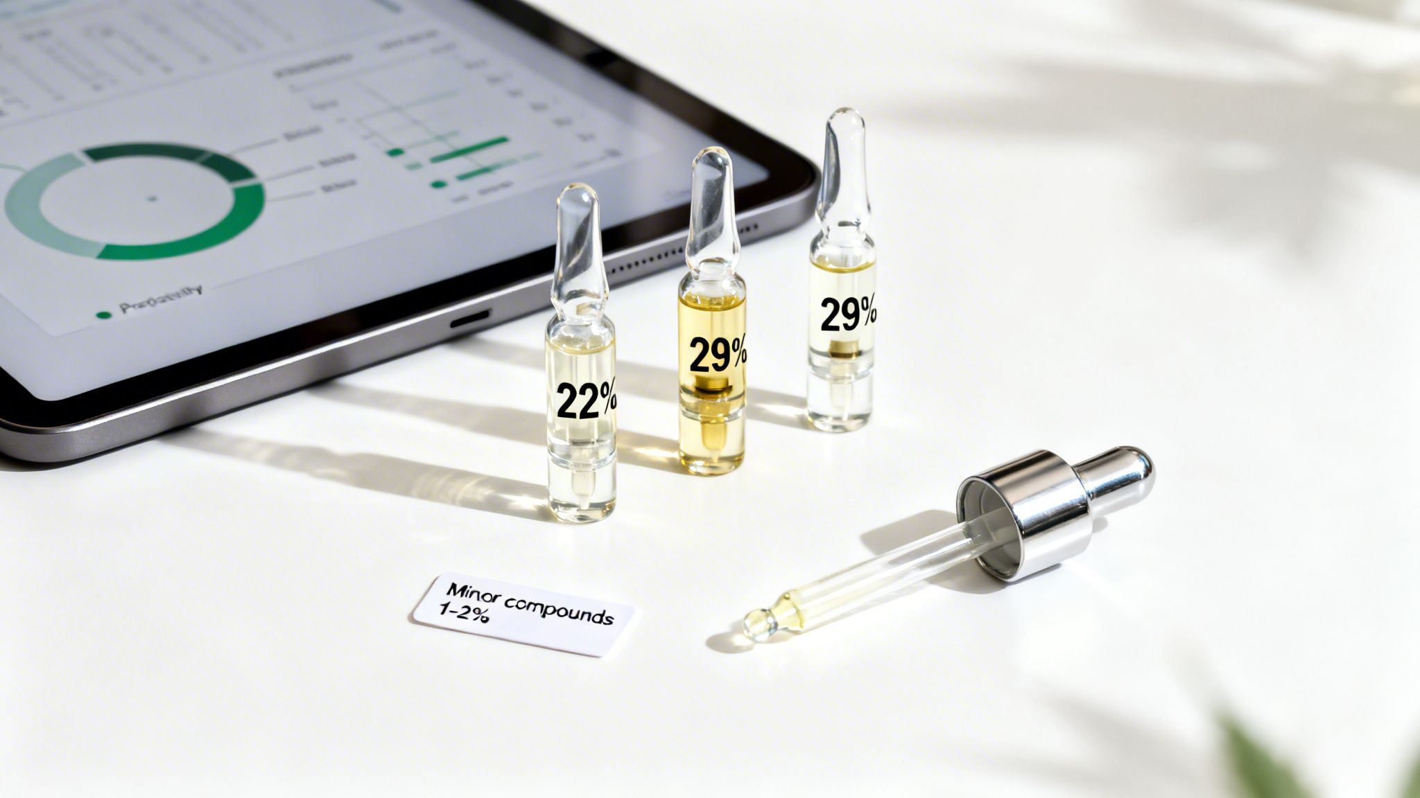 Scientific display with a tablet, three vials showing compound percentages, and a dropper on a white surface.