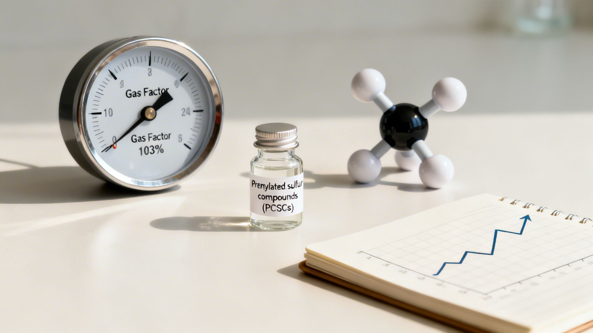 A gas factor gauge, a vial of prenylated sulfur compounds (PCSCS), a molecular model, and a rising graph.