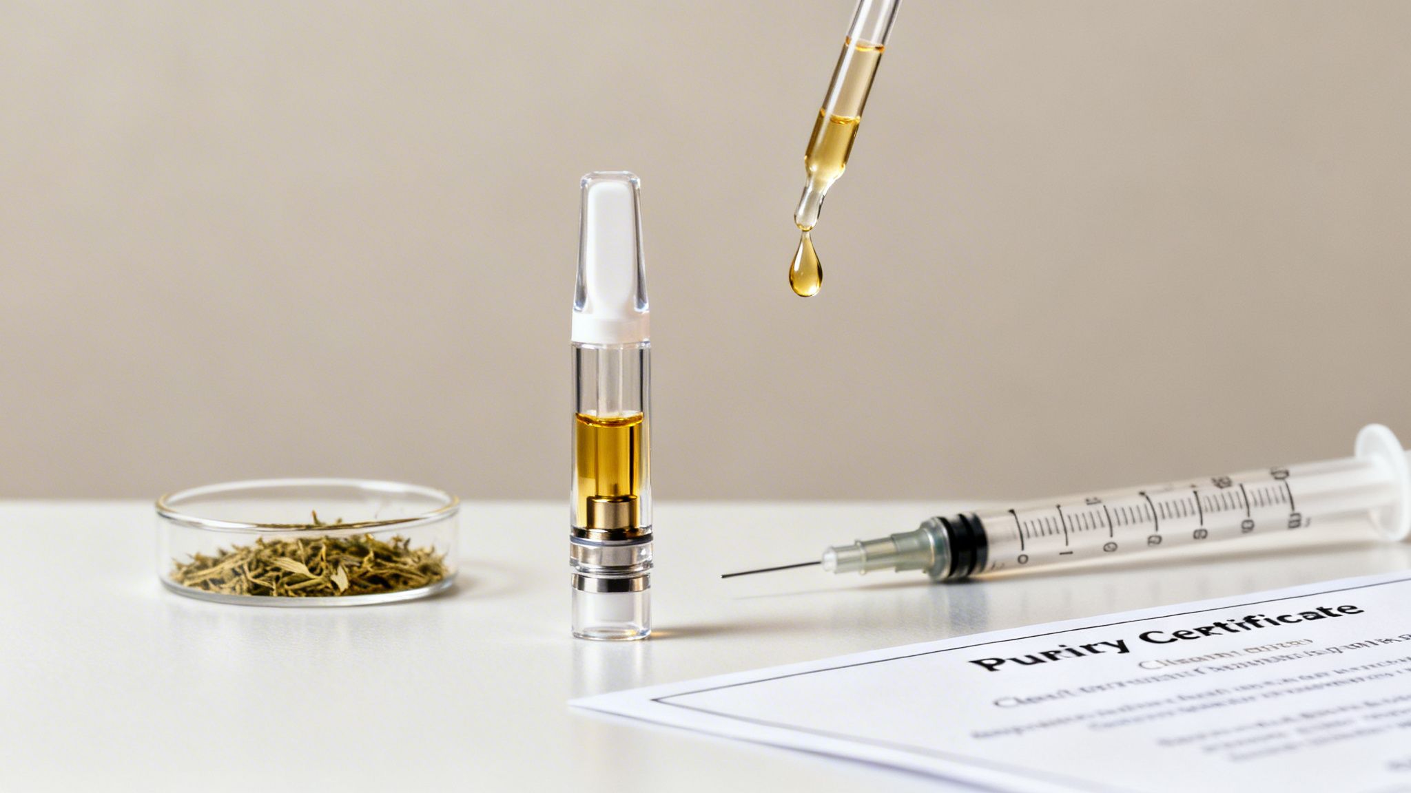 A cannabis vape cartridge, dropper with oil, dried herbs, syringe, and purity certificate on a white table.