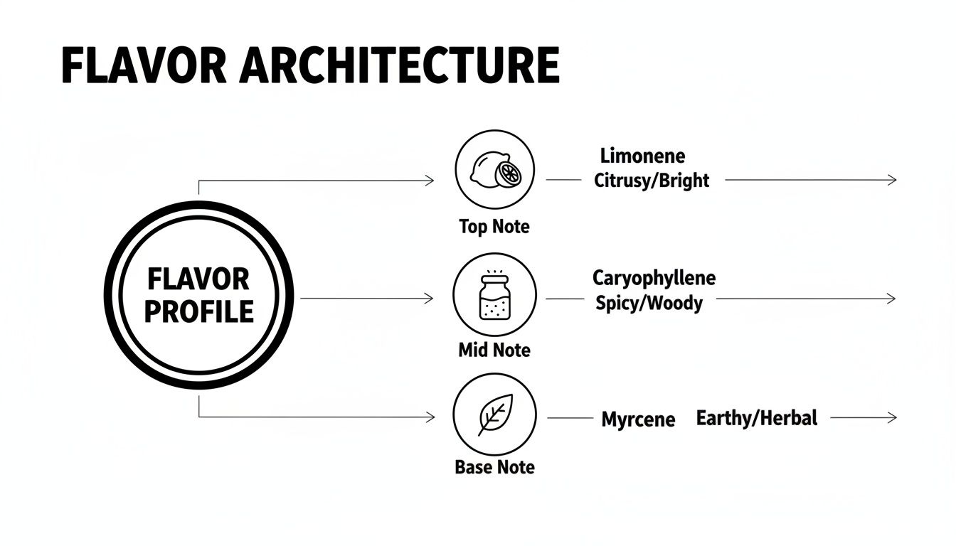 Diagram showing flavor architecture: top, mid, and base notes with associated terpenes and their characteristics.