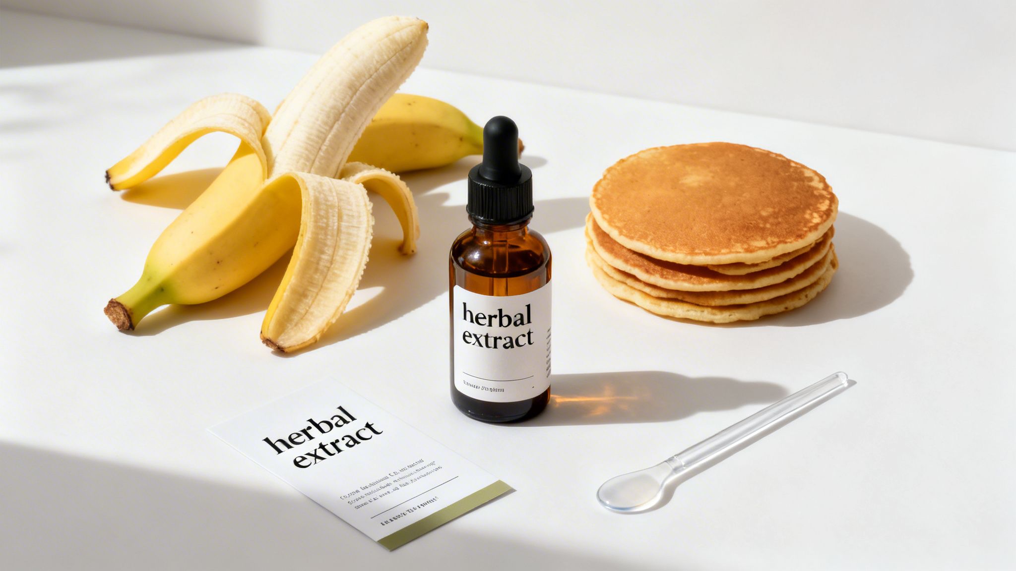 A partially peeled banana, herbal extract bottle, stacked pancakes, and a spoon on a white surface.