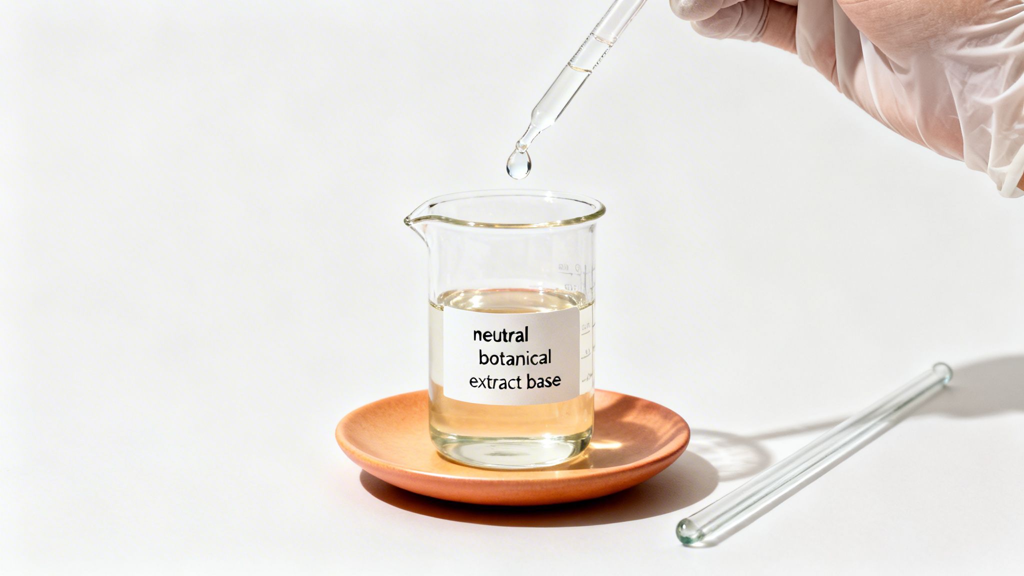A gloved hand uses a dropper to add liquid to a beaker with a 'neutral botanical extract base' label.