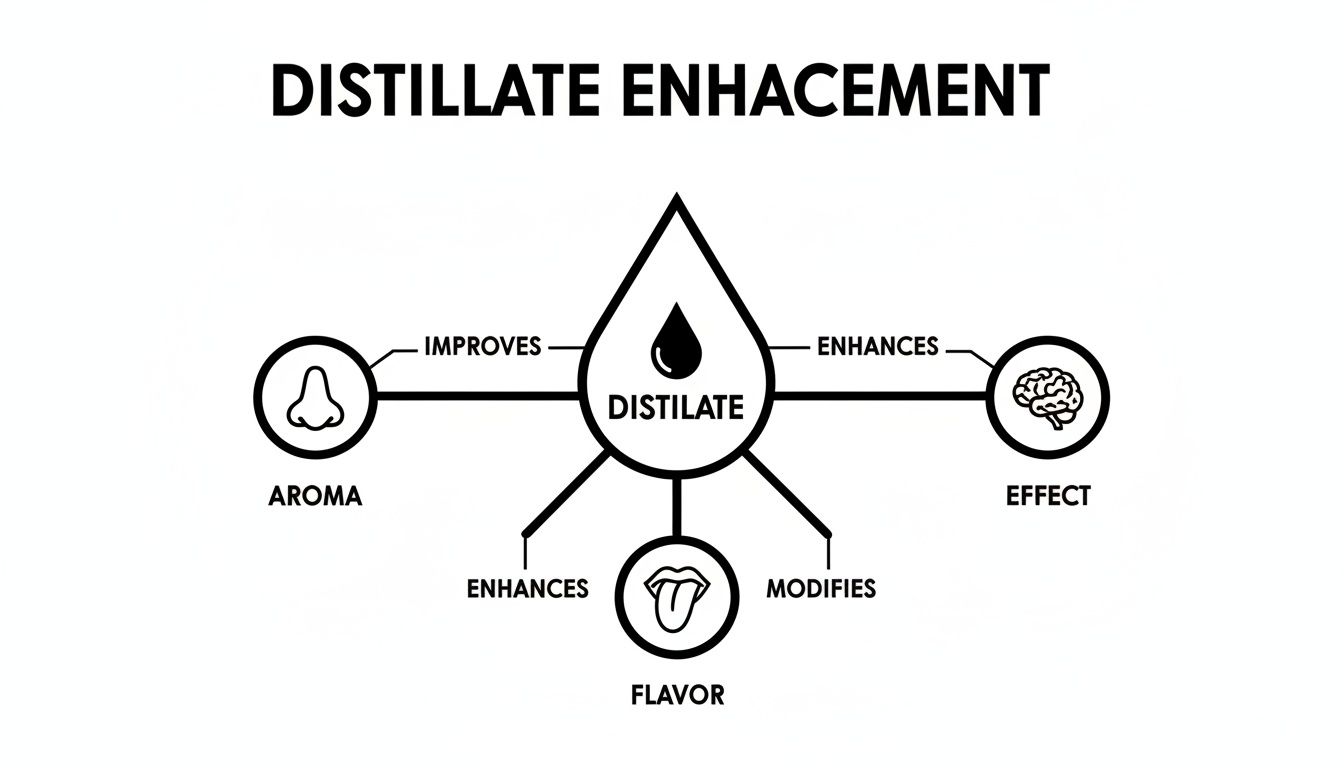 Diagram illustrating how distillate can be enhanced to improve aroma, enhance effect, and modify flavor.