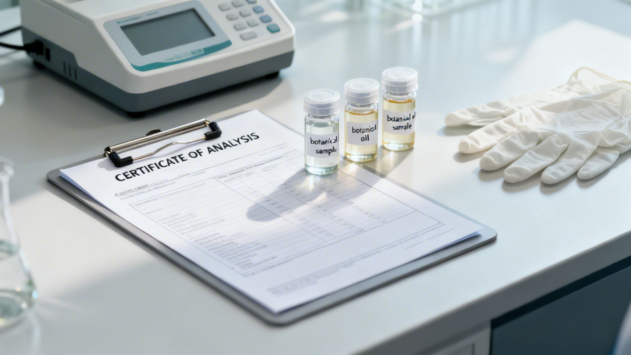 A laboratory table with a Certificate of Analysis, botanical samples, and lab equipment for testing.
