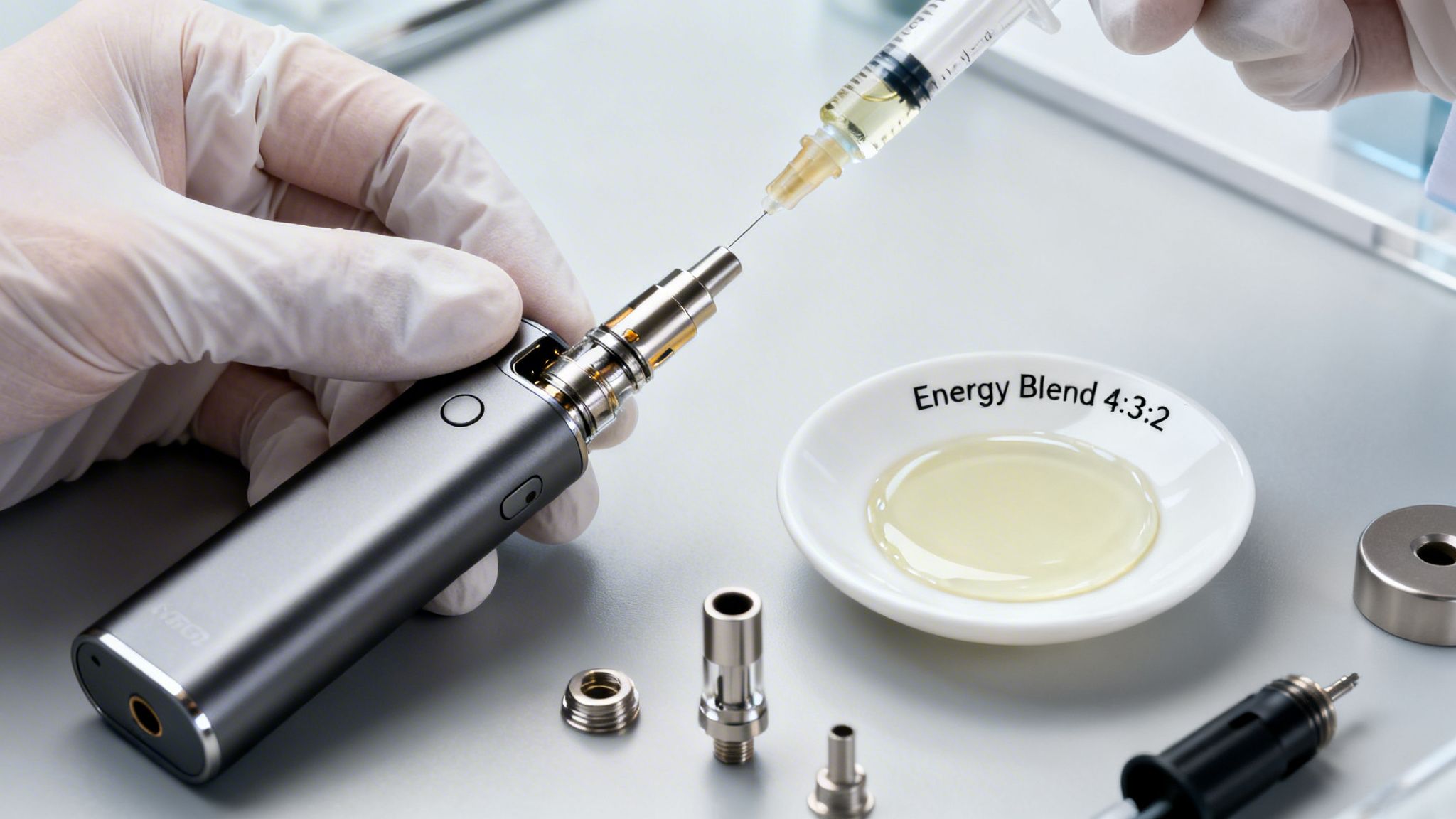 A gloved hand refills a vape device with a syringe, next to an 'Energy Blend' liquid.