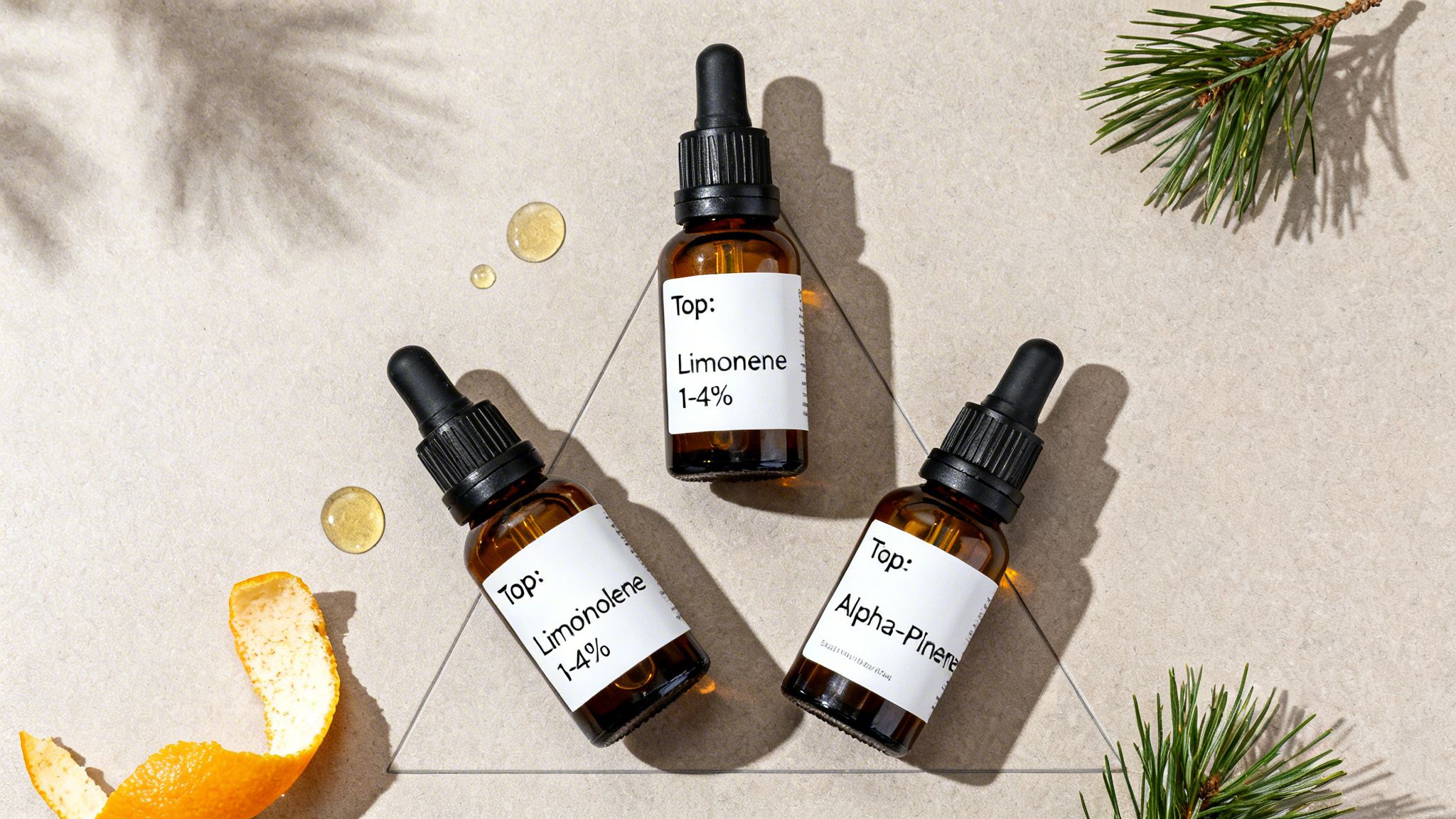 Three amber dropper bottles with Limonene, Limonolene, Alpha-Pinene labels, surrounded by orange peel and pine.