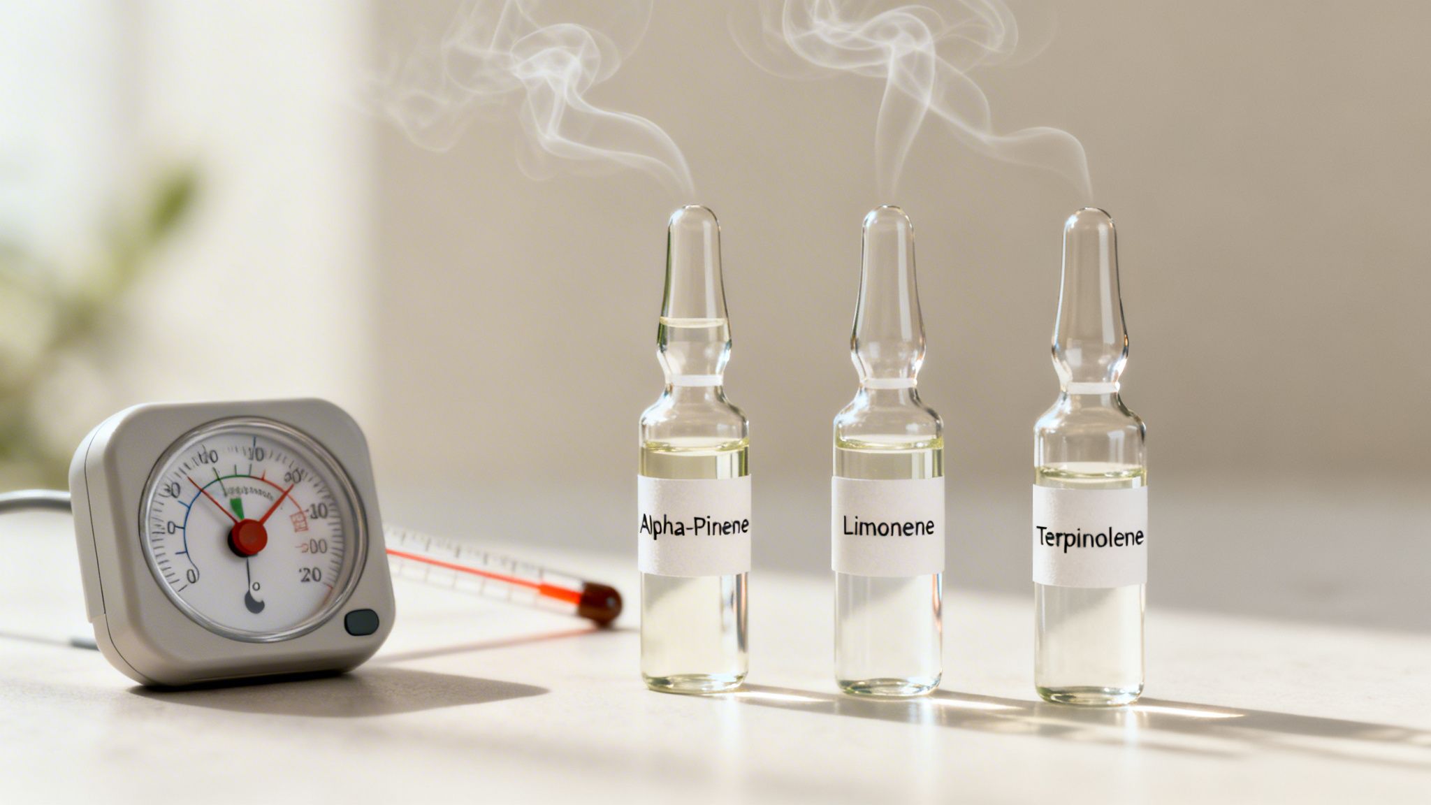 Three labeled ampules of terpenes (Alpha-Pinene, Limonene, Terpinolene) show evaporation next to thermometers.