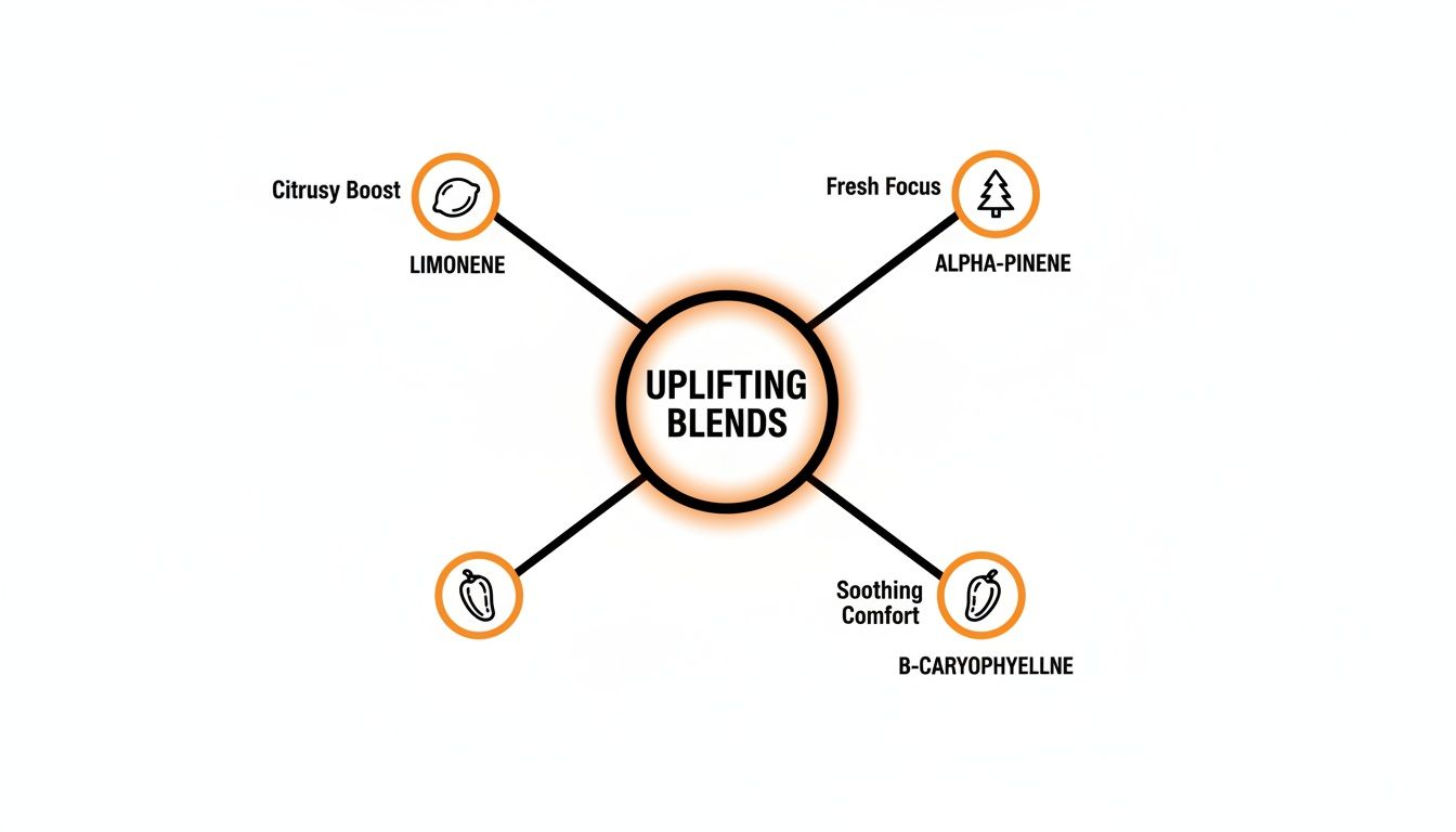 Diagram illustrating uplifting blends: limonene for citrusy boost, alpha-pinene for fresh focus, and B-caryophyllene for soothing comfort.