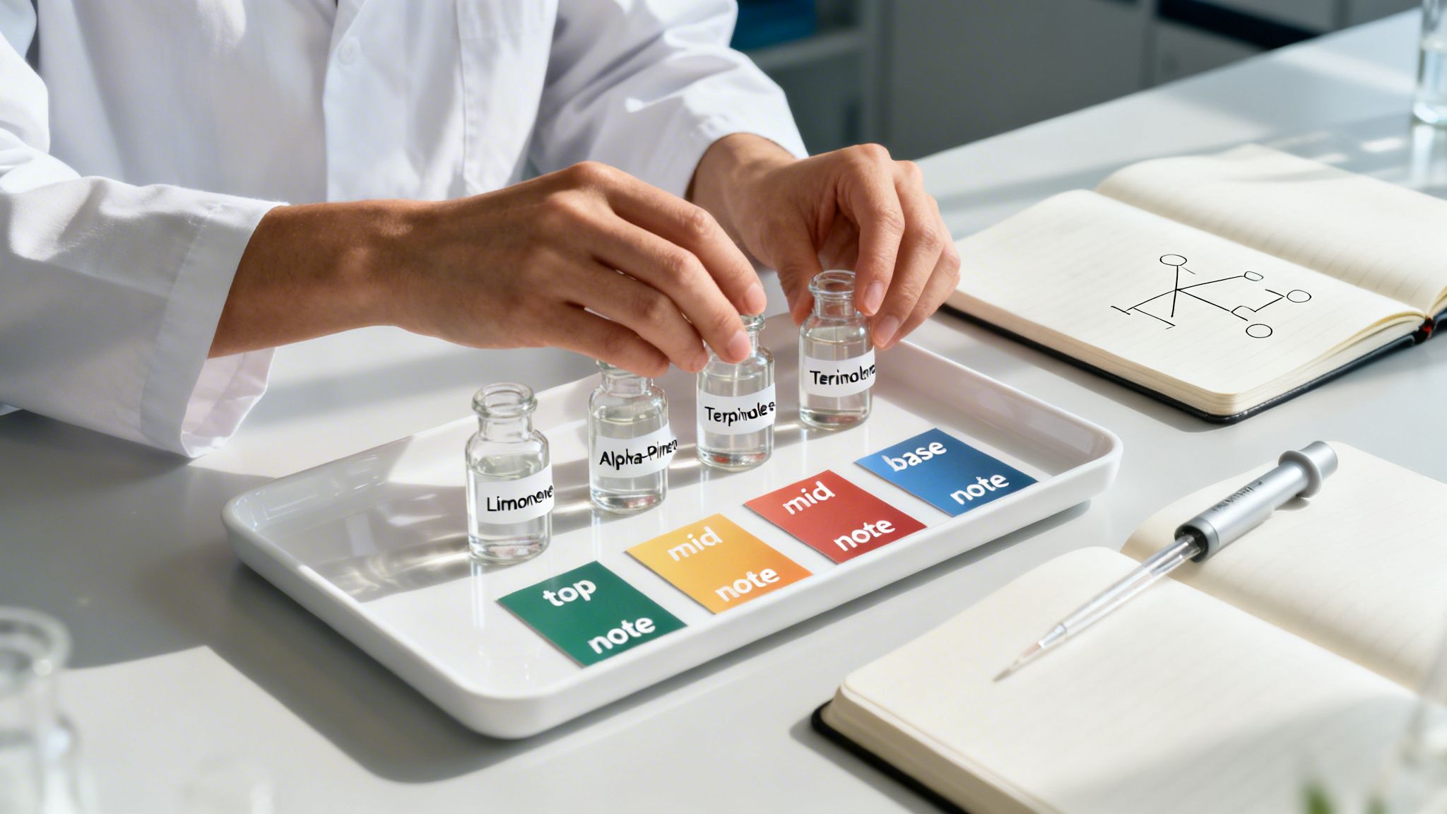 A scientist blends essential oils, arranging vials labeled Limonene, Alpha-Pinene, Terpinales, and Terinotata with fragrance notes.