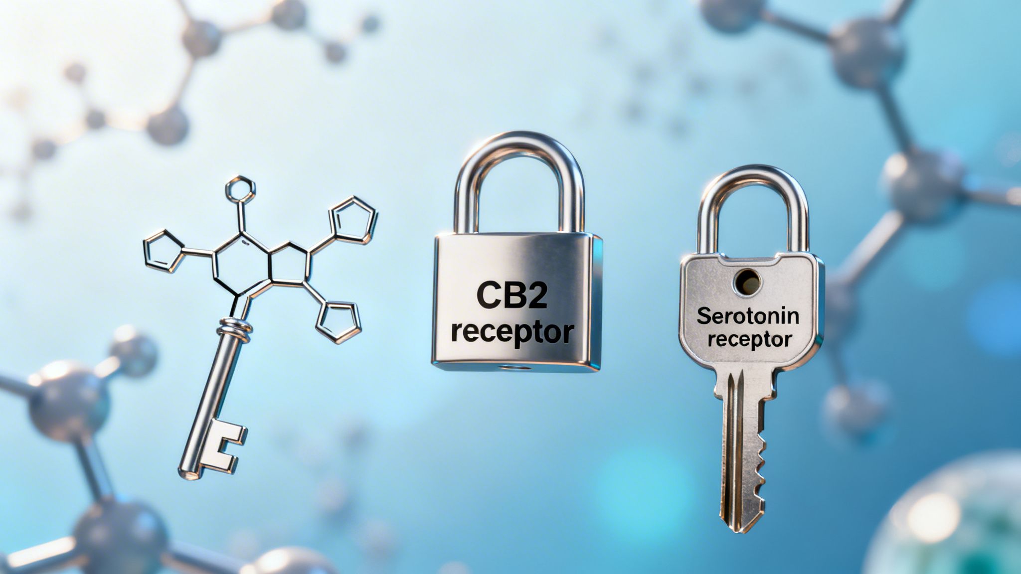 A molecularly-shaped key, a CB2 receptor padlock, and a Serotonin receptor key, symbolizing molecular interactions.