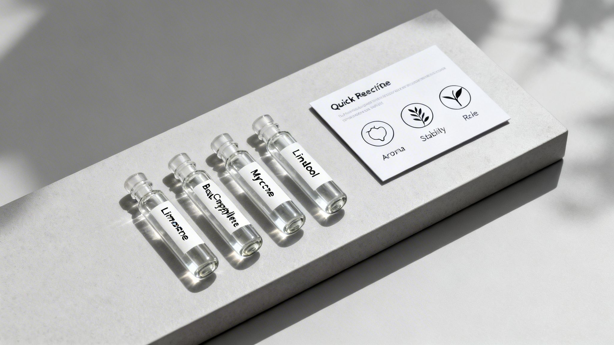 Four clear glass vials labeled Limonene, B-Caryophyllene, Myrcene, Linalool, next to an info card on a gray surface.