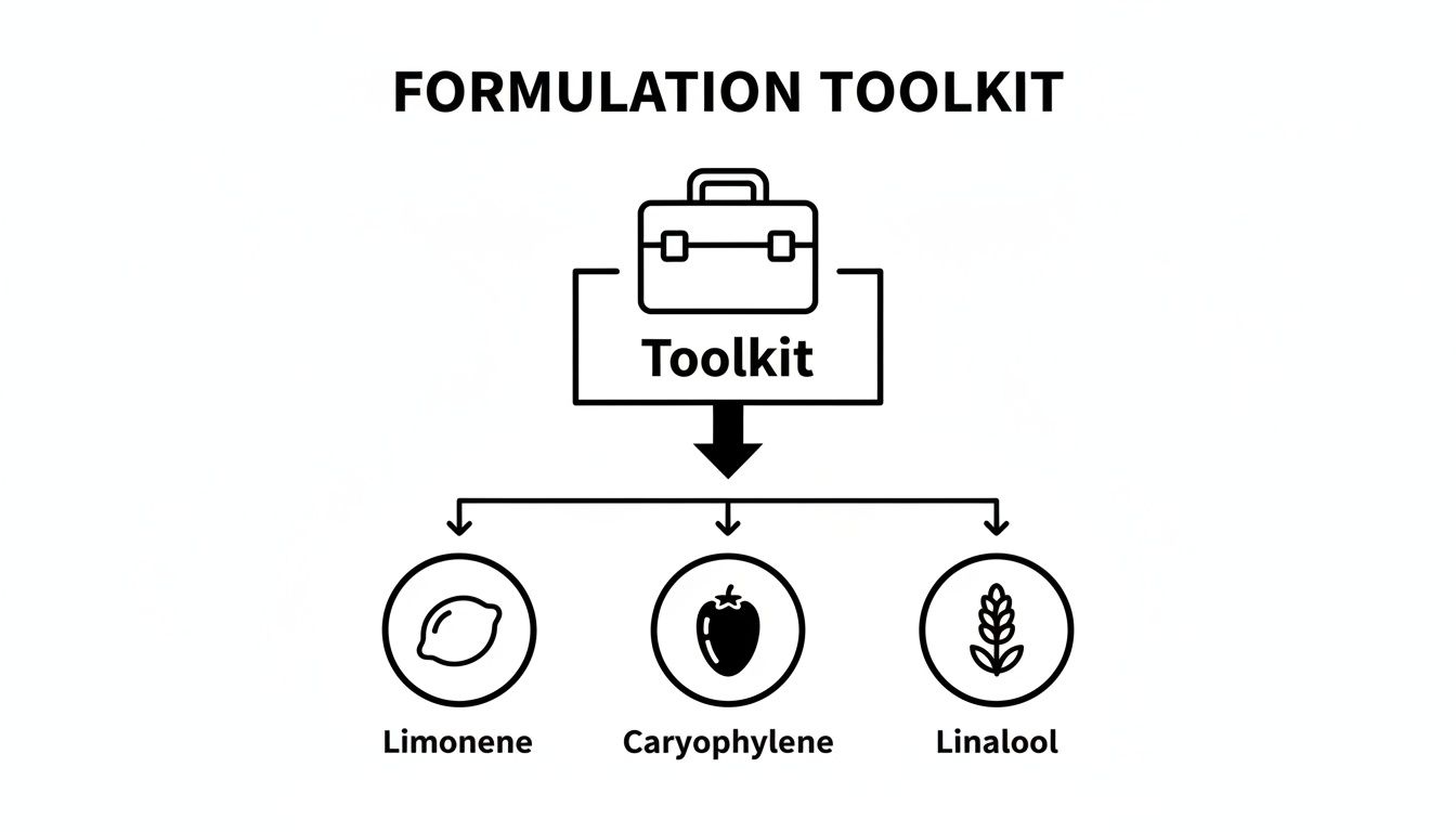 Flowchart of a formulation toolkit showing plant-derived terpenes: Limonene, Caryophyllene, and Linalool.