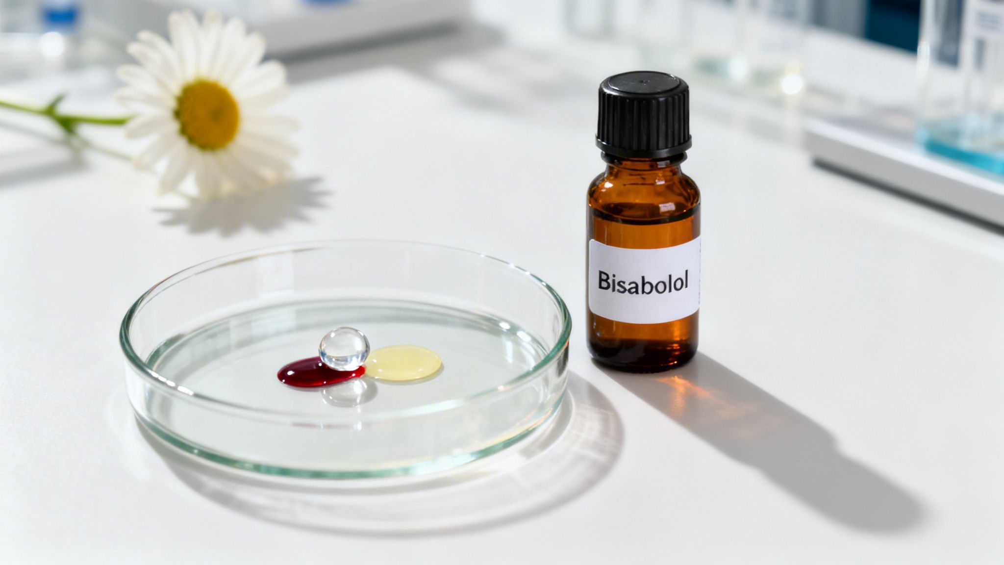 Bisabolol bottle, petri dish with red and yellow liquids, and a daisy on a lab bench.
