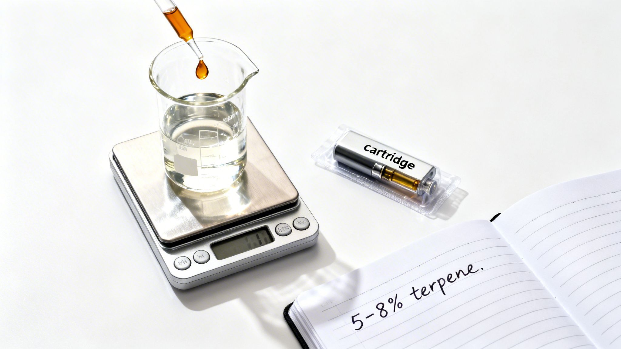 Scientist prepares a cannabis vape cartridge, adding terpenes to a beaker on a digital scale, with notes nearby.