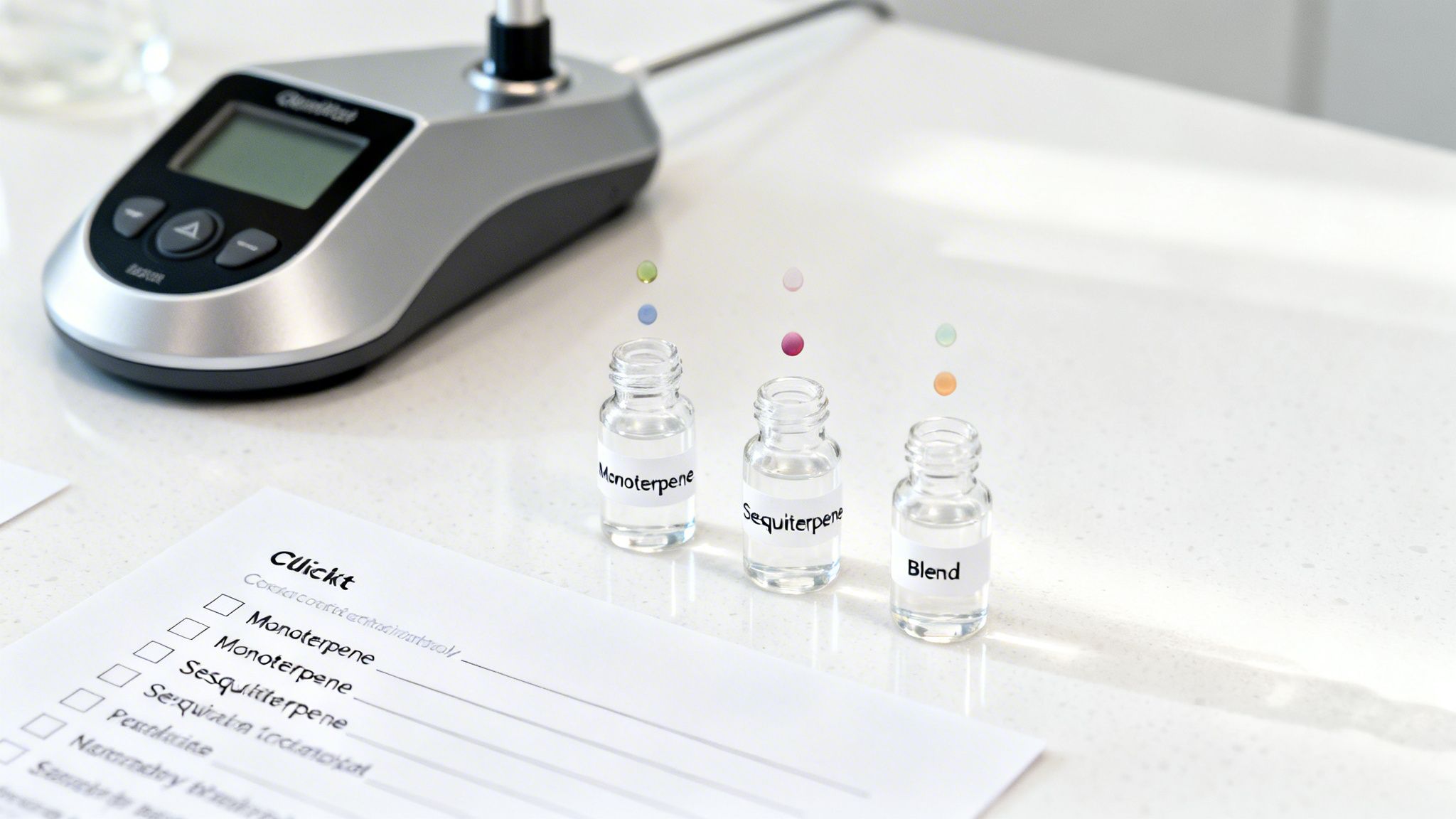 Vials labeled Monoterpene, Sesquiterpene, and Blend, with a lab device and checklist.