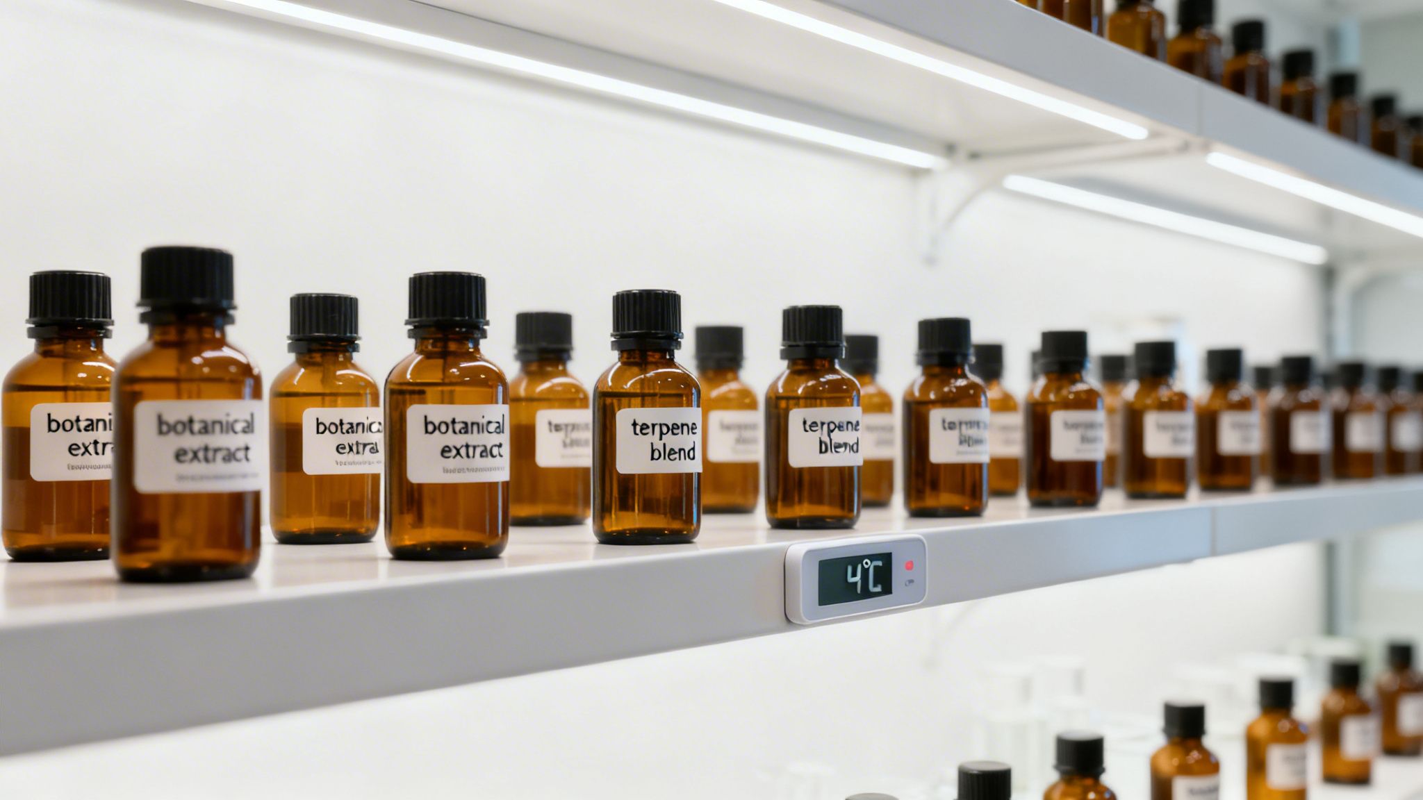 Amber glass bottles labeled 'botanical extract' and 'terpene blend' on a lab shelf with a 4°C thermometer.