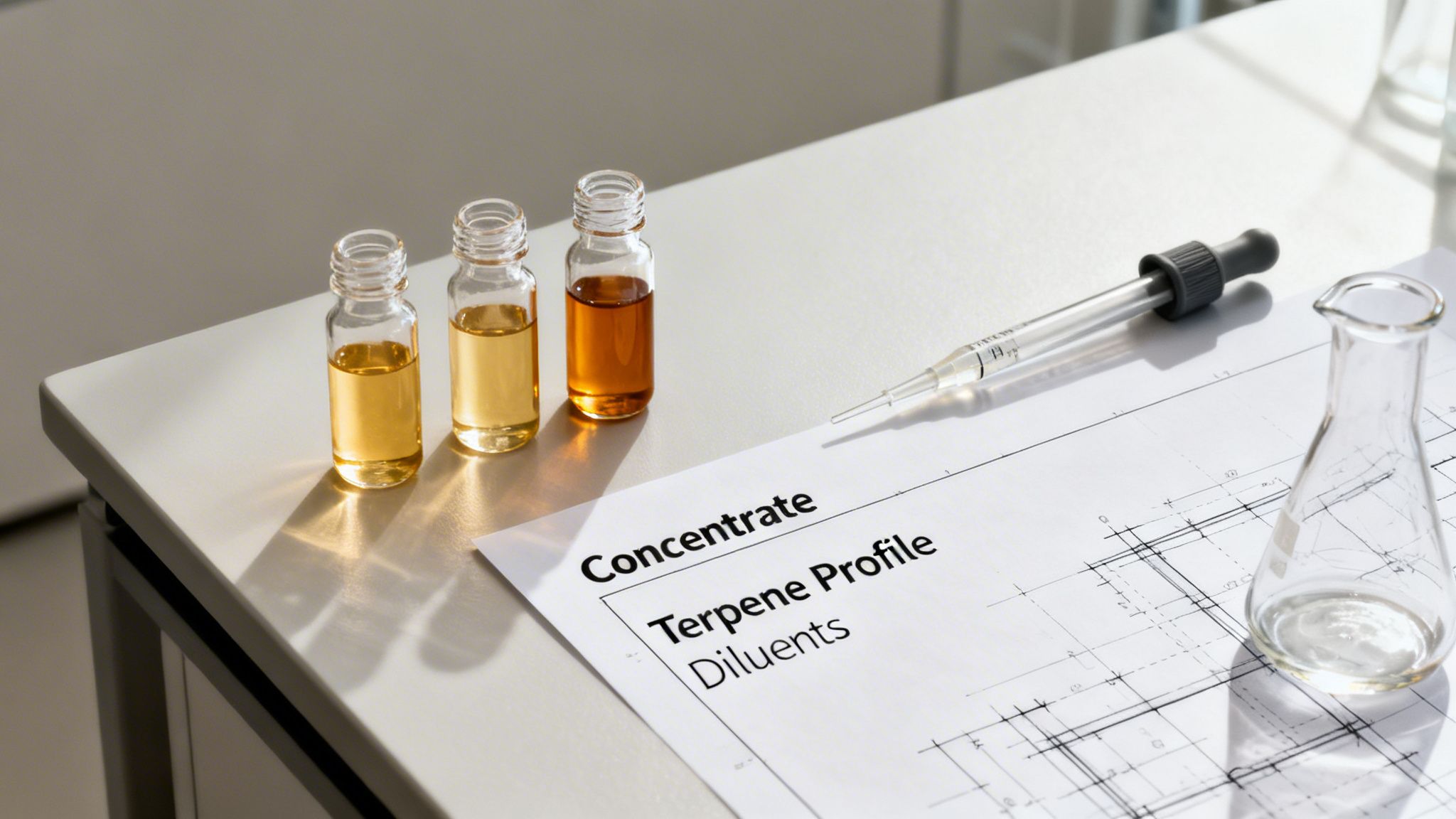 Three vials of cannabis concentrates, a dropper, and lab documents for terpene profile.