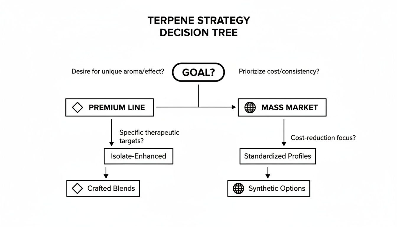 Terpene strategy decision tree illustrating choices between premium and mass market approaches based on goals.