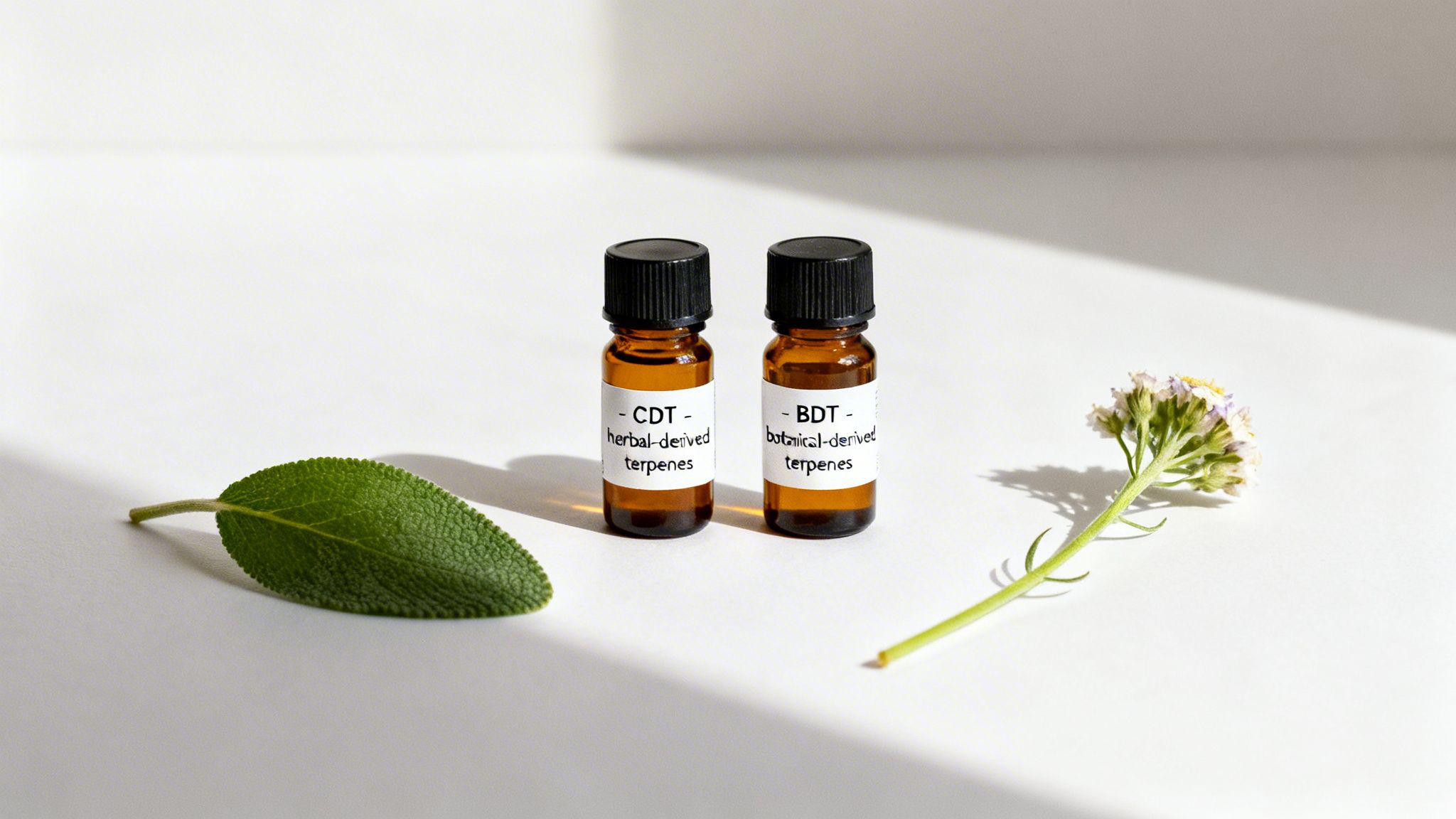 Two amber glass bottles labeled CDT and BDT terpenes, with a sage leaf and flower.