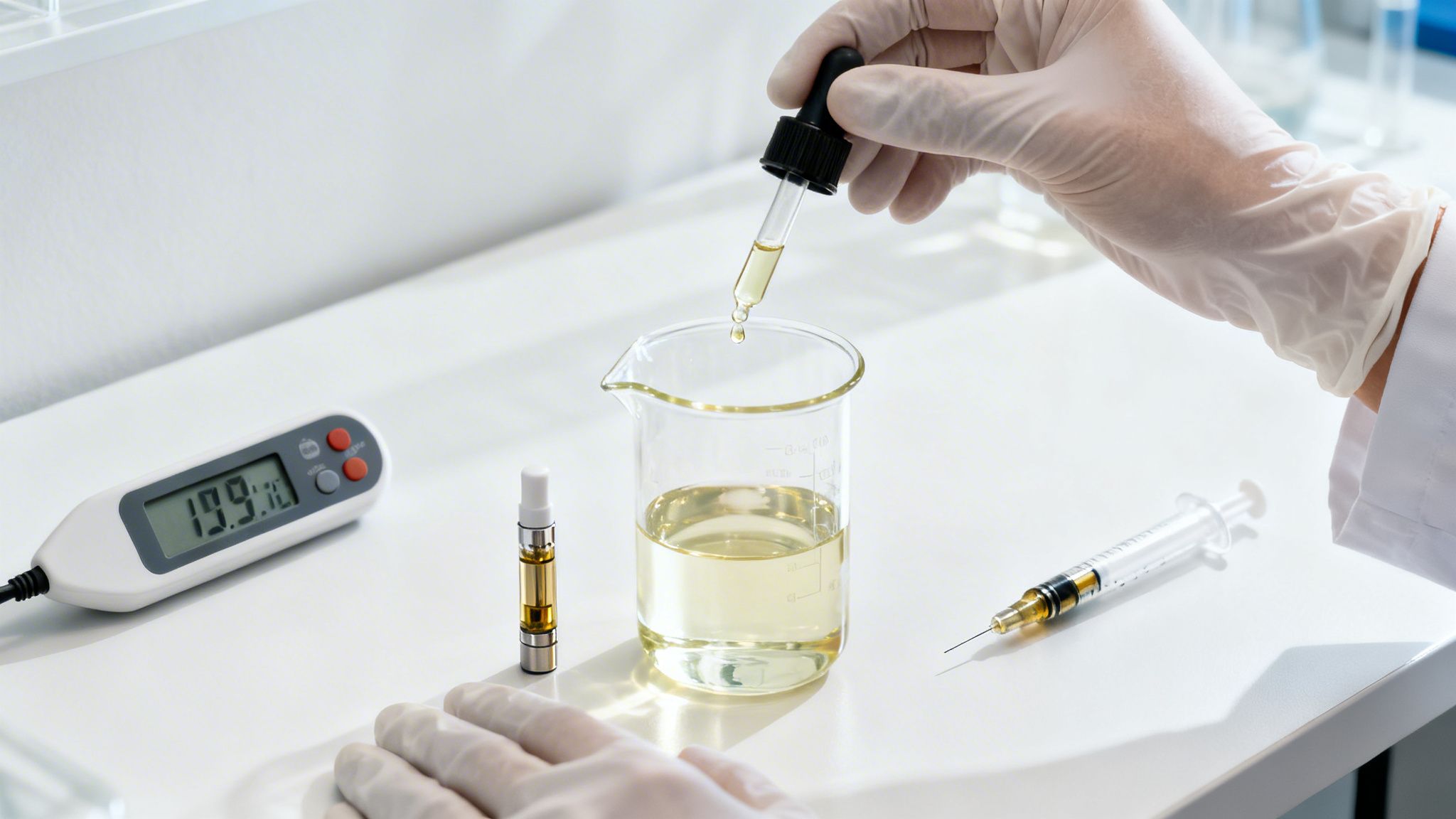 A gloved hand drips yellow oil from a dropper into a beaker, with lab equipment around.