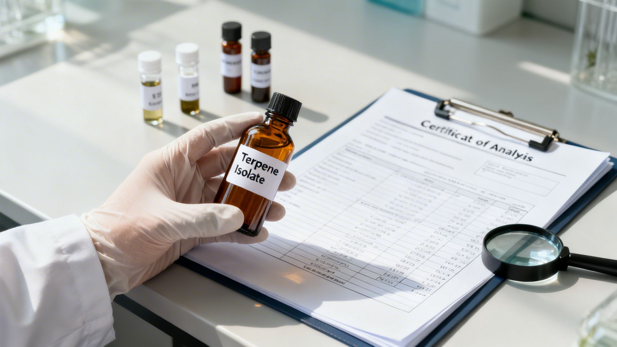 A scientist's gloved hand holds a terpene isolate bottle over a laboratory certificate of analysis document.