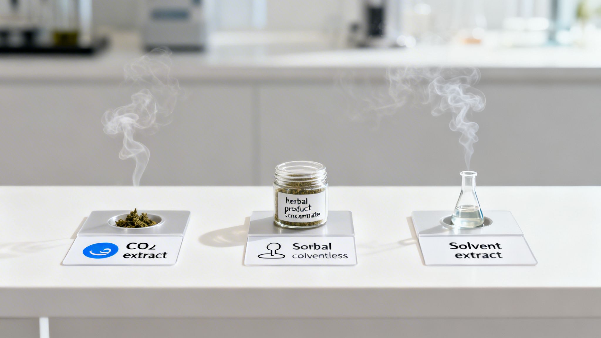 Three different herbal extraction methods: CO2, solventless, and solvent, displayed in a laboratory setting with vapor.
