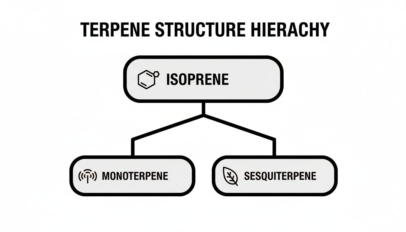 A hierarchy diagram illustrating terpene structure, with Isoprene at the top, leading to Monoterpene and Sesquiterpene.