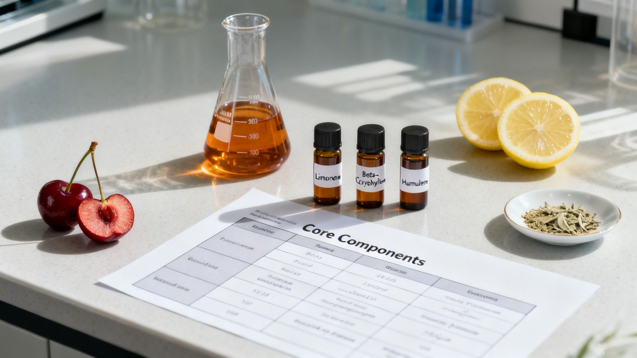 A lab setup featuring cherries, lemons, terpene bottles, and a flask, detailing core components.