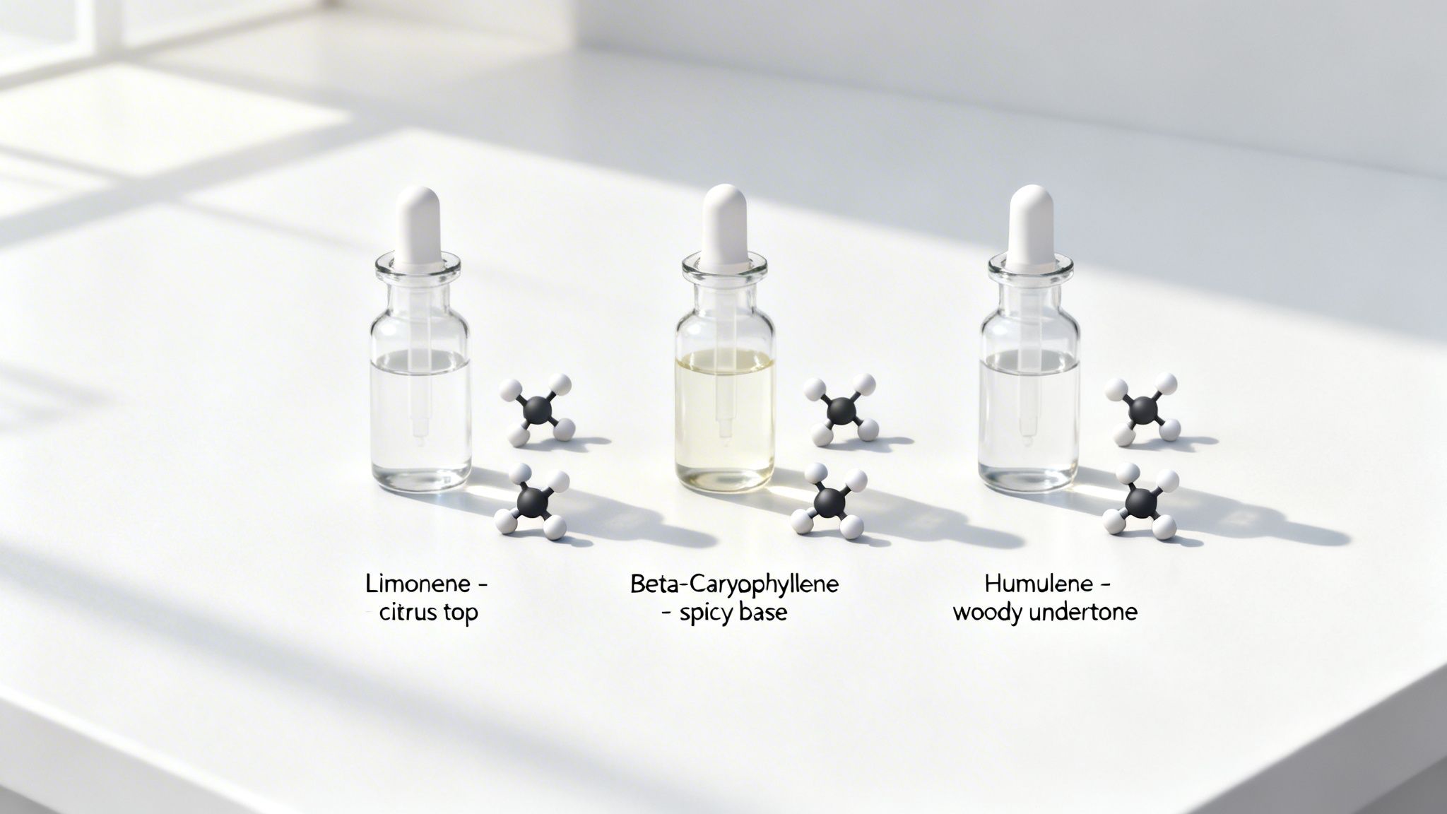 Bottles of essential oils with molecular models, explaining Limonene (citrus), Beta-Caryophyllene (spicy), and Humulene (woody) scents.