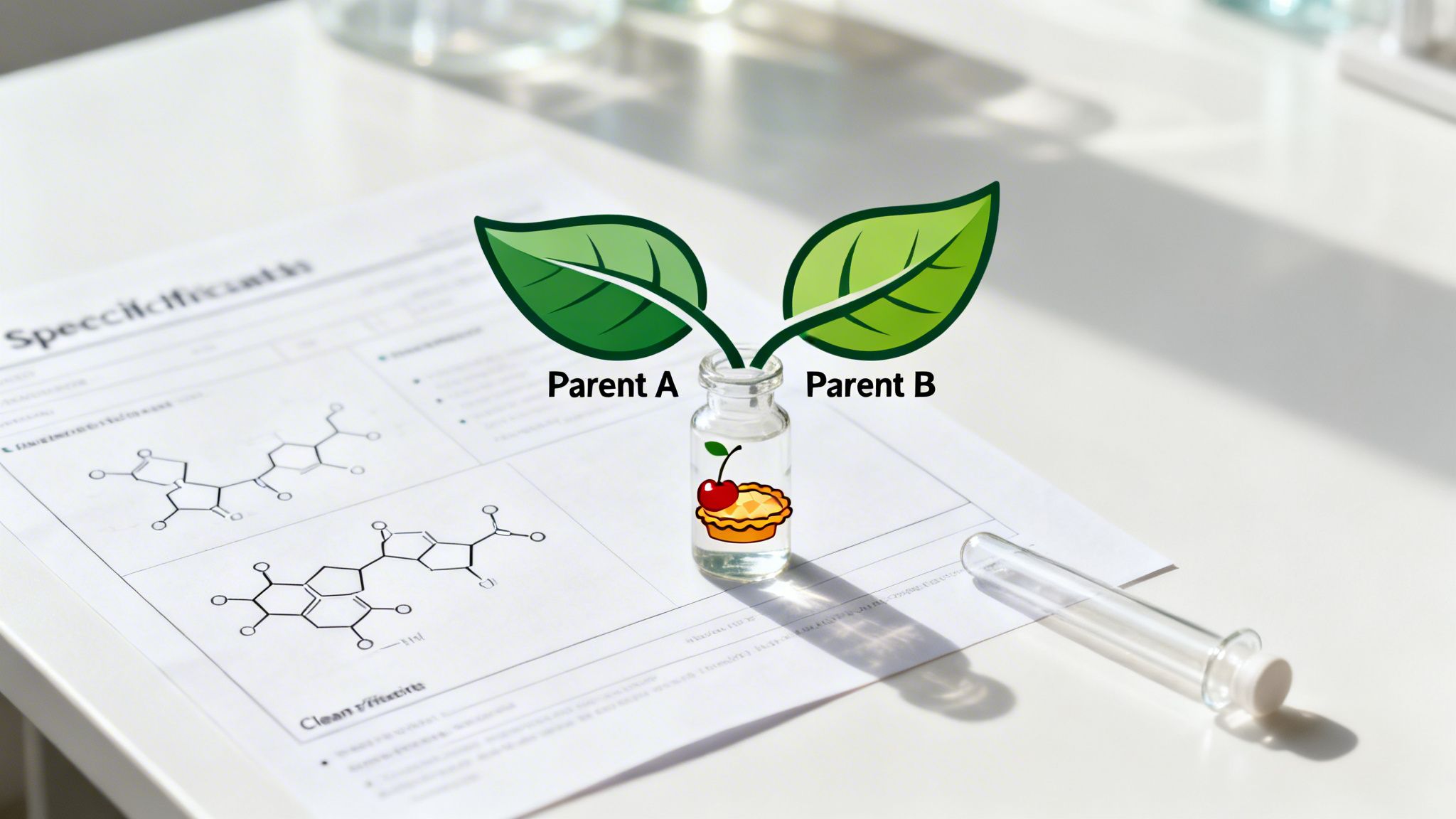Parent A and B leaves merge into a vial with a cherry pie, on a scientific document.