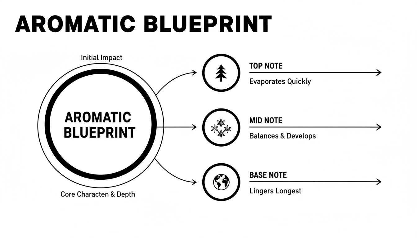 Diagram illustrating the Aromatic Blueprint with Top, Mid, and Base Notes for fragrance composition.