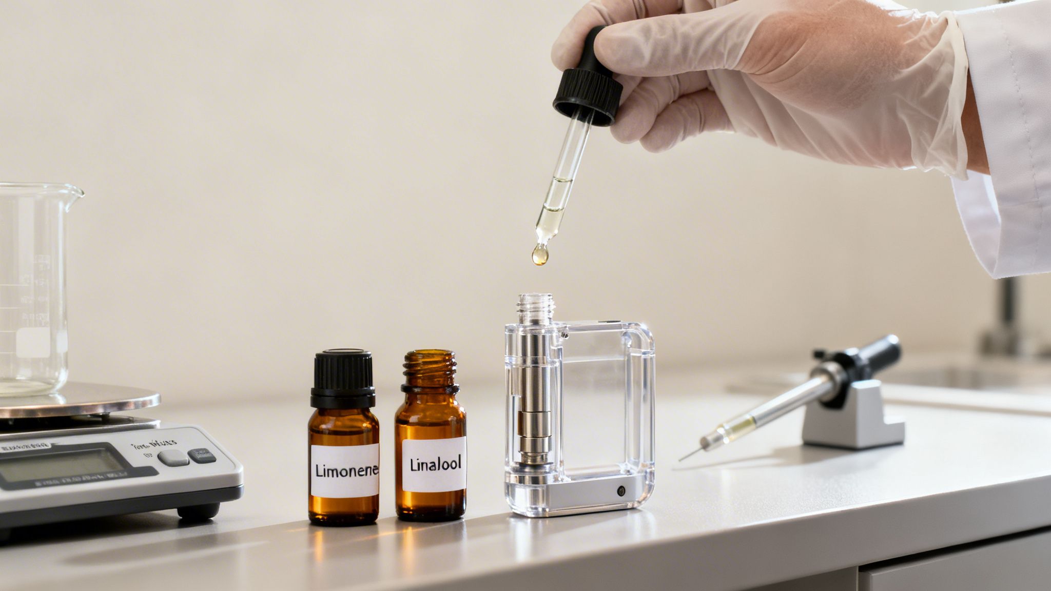 A gloved hand drips liquid from a dropper into a clear device, with essential oil bottles and lab equipment.