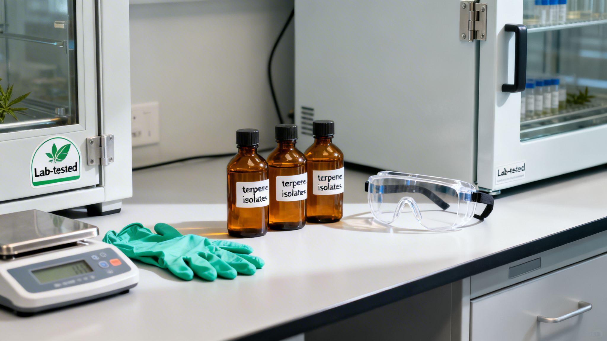 Lab scene with three 'terpene isolates' bottles, safety glasses, scale, and lab-tested cabinets containing cannabis.