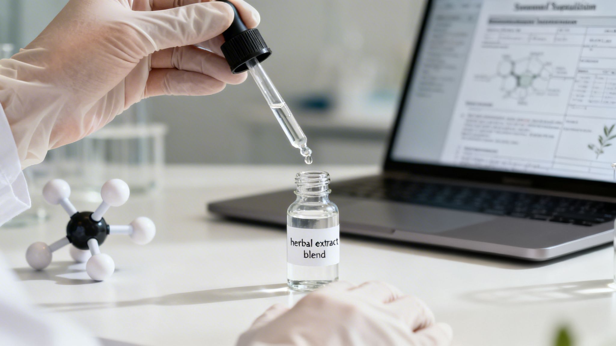 Scientist in gloves adding drops of herbal extract blend to a bottle in a modern lab.